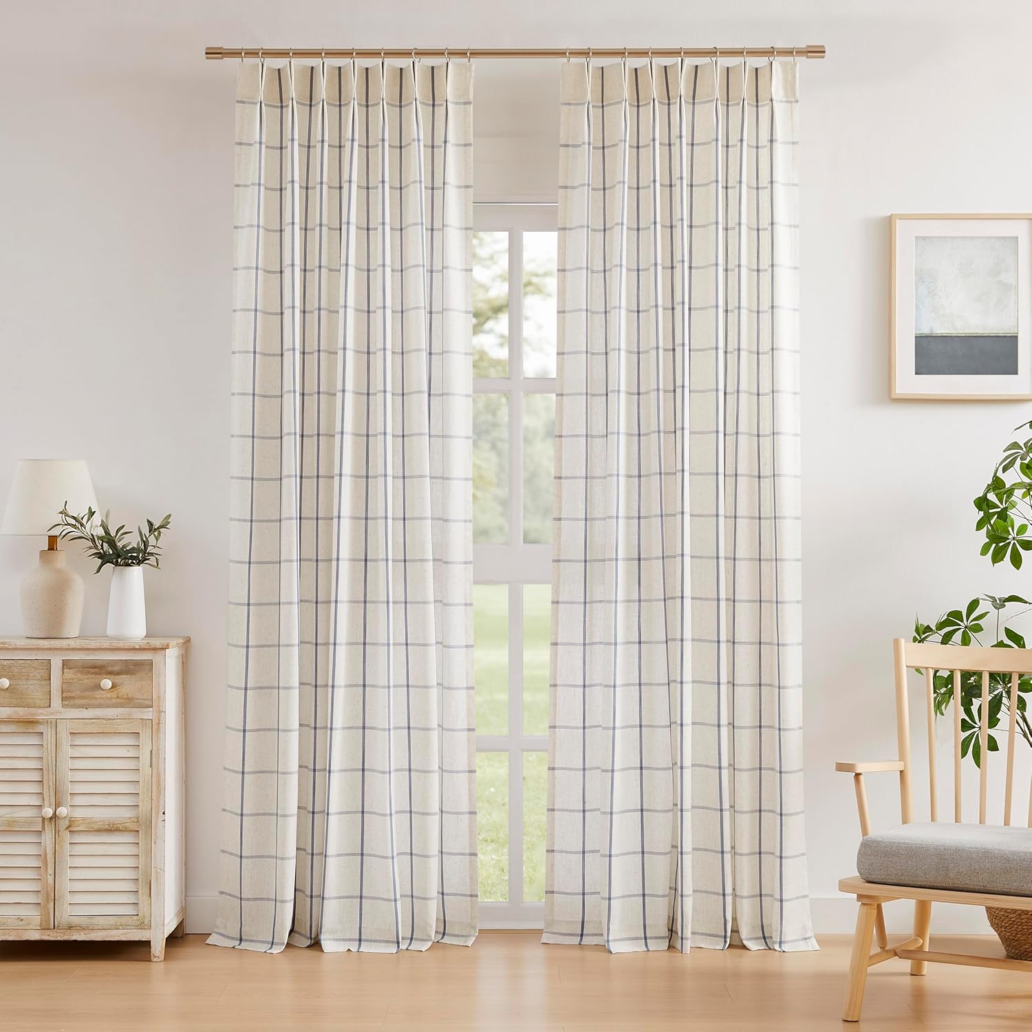 Vision Home Blue Plaid Linen Pinch Pleated Semi Sheer Curtains Checkered Light Filtering Window Panels 90 inches Long for Living Room Bedroom Rustic Pleat Drapes with Back Tab Hooks 40" Wx90 Lx2