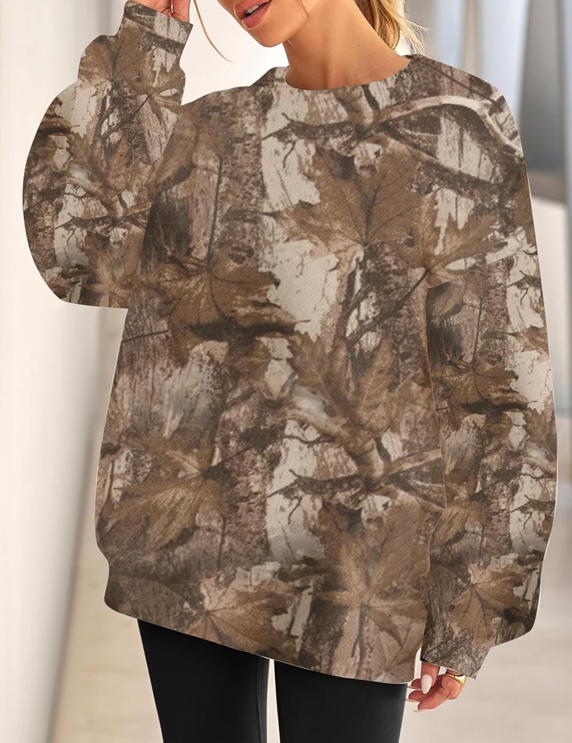 Womens Camo Sweatshirt Oversized Graphic Maple Leaf Print Crewneck Long Sleeve Y2k Trendy Fall Pullover Hoodies - Image 2