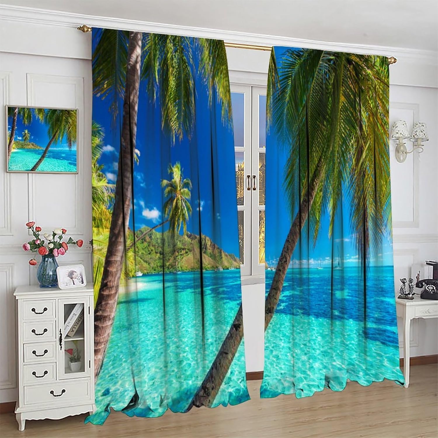 Ocean Curtain, Image of A Tropical Island with The Palm Trees and Clear Sea Beach Theme Printed Bedroom Living Room Blackout Curtains,Turquoise Blue 42" W X 45" L