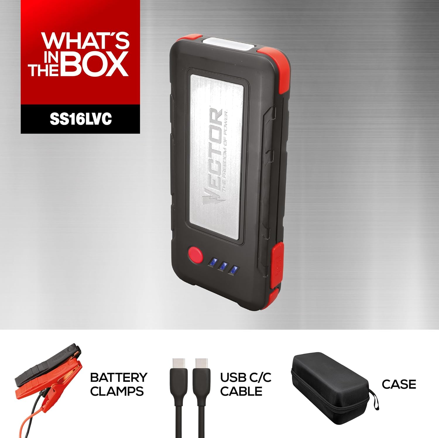 Vector SS16LVC 1600 Peak Amp Automotive Lithium Jump Starter, USB-A(15W), USB-C(30W), Power in & Out with Carrying Case