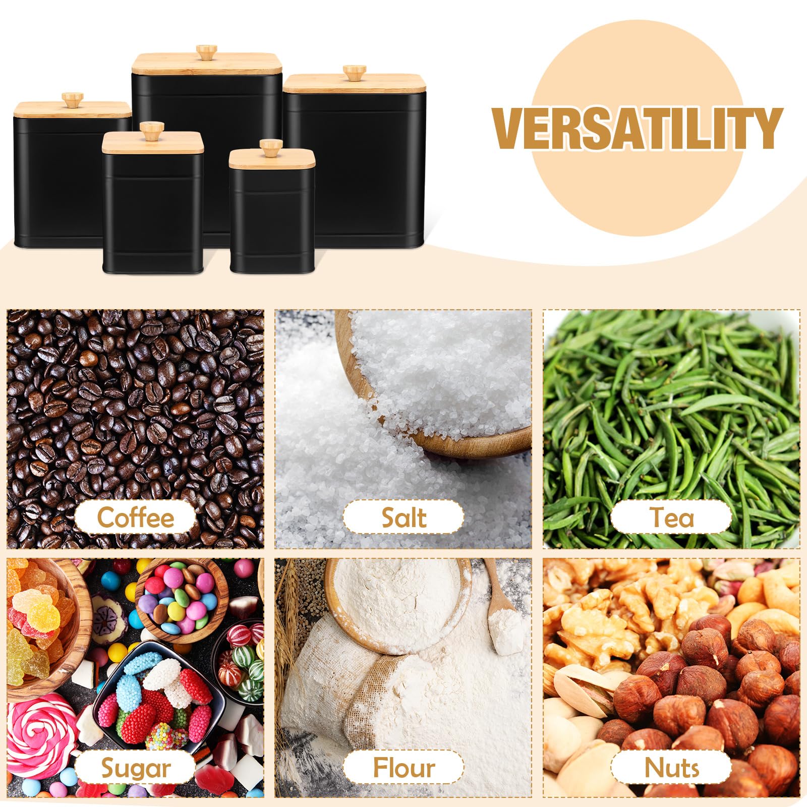Buryeah Juego de 5 botes negros para la cocina, juego de 5 botes de cocina