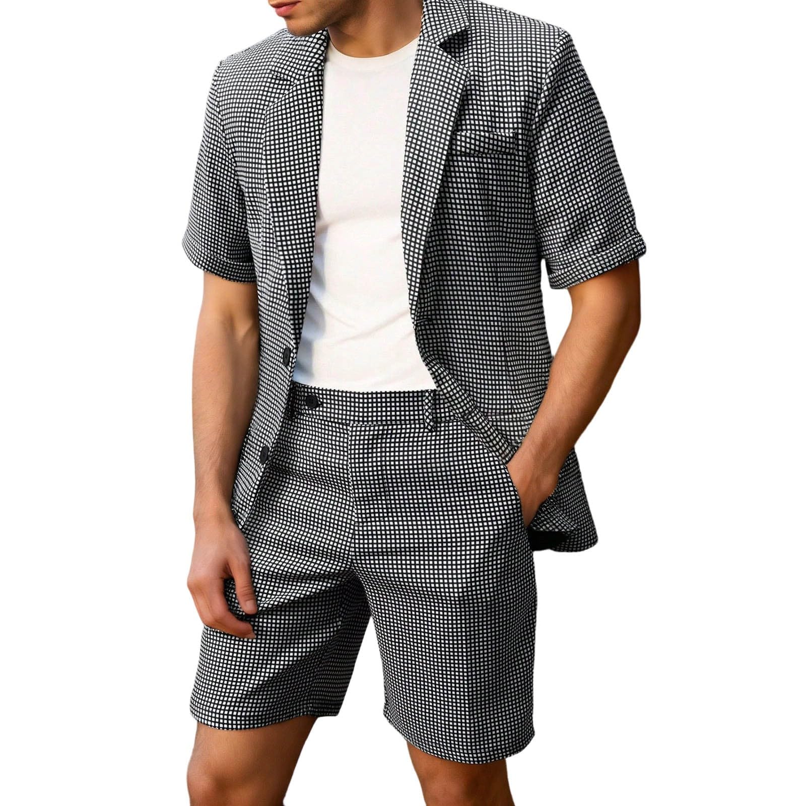 Generisch Tuta estiva da uomo a quadri, a maniche corte, giacca e pantaloncini, abbigliamento moderno, per il tempo libero, business, casual, estivo, set da uomo, leggero, a quadretti, set da lavoro