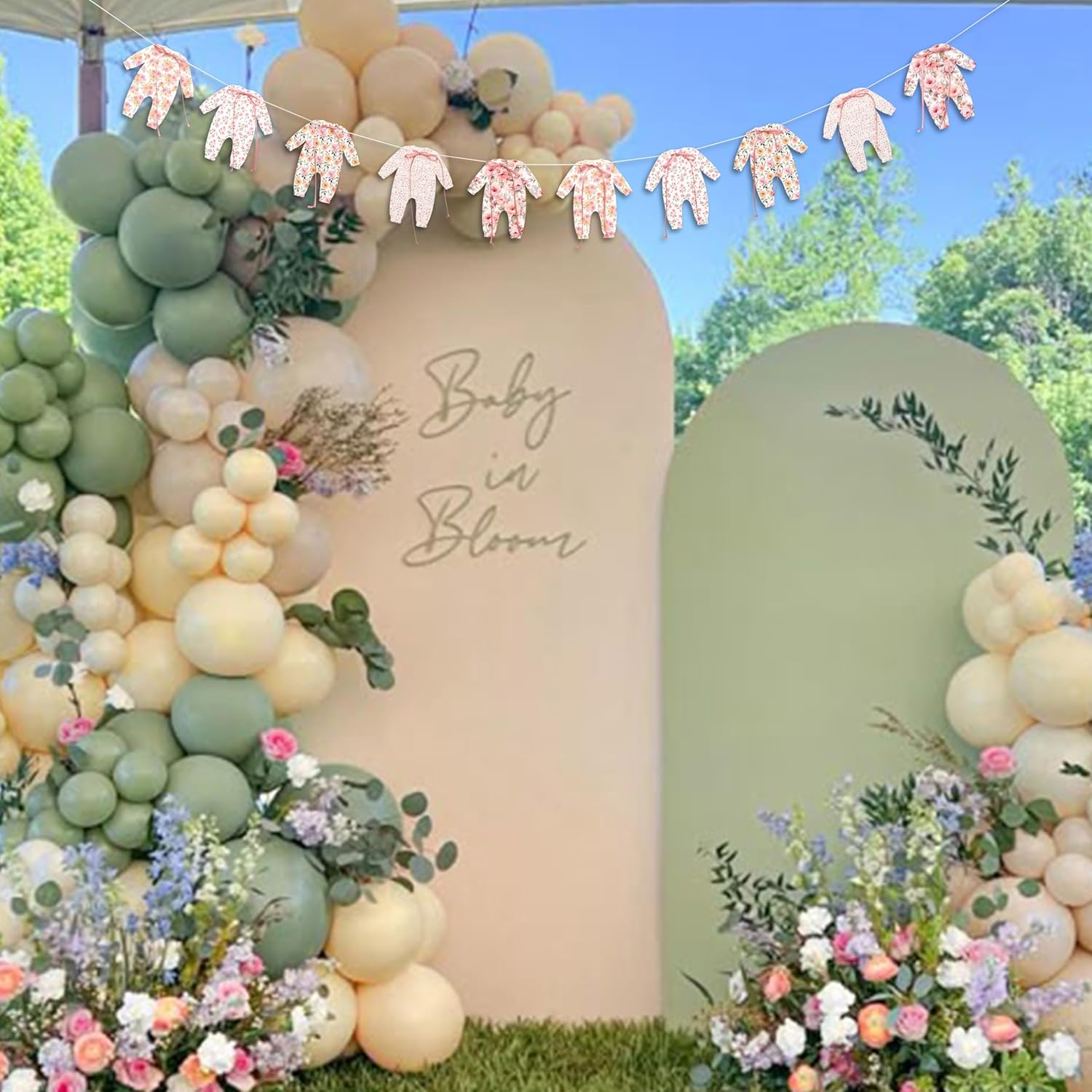 Flower Baby Shower Bow Banner - Baby In Bloom Garland, Baby Shower, Birthday, Anniversary, Gender Reveal Party Decoration Supplies, Floral Baby Clothes Banner Photo shoot background props - Image 2