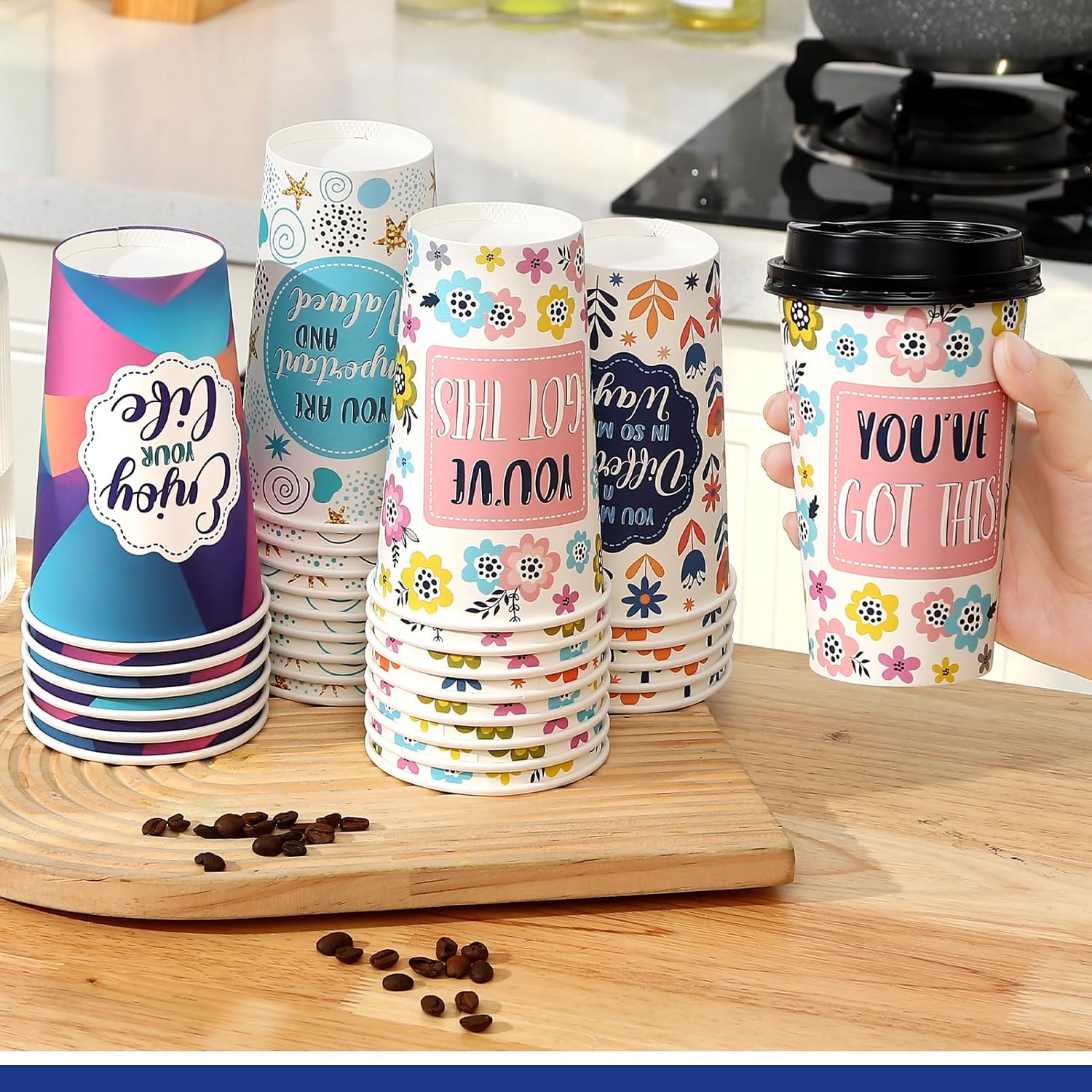 100 Pack 16 oz Disposable Coffee Cups with Lids,Motivational Paper Hot Cups with 5 Quotes for Hot and Cold Beverages,Coffee,Tea,Water,Juice - Image 6