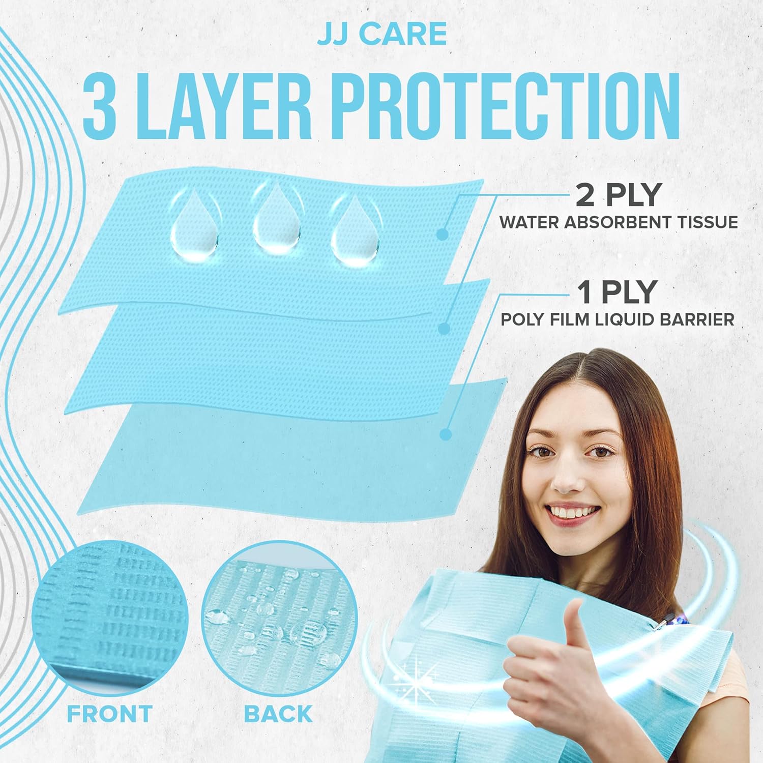 JJ CARE Dental Bibs [Pack of 500] - 13" x 18" Blue Dental Bibs, 3 Ply Waterproof Dentist Bibs, Dental Bibs Disposable for Eyelash Extension, Patient Bibs for Nail Art, Dental Napkins for Piercing