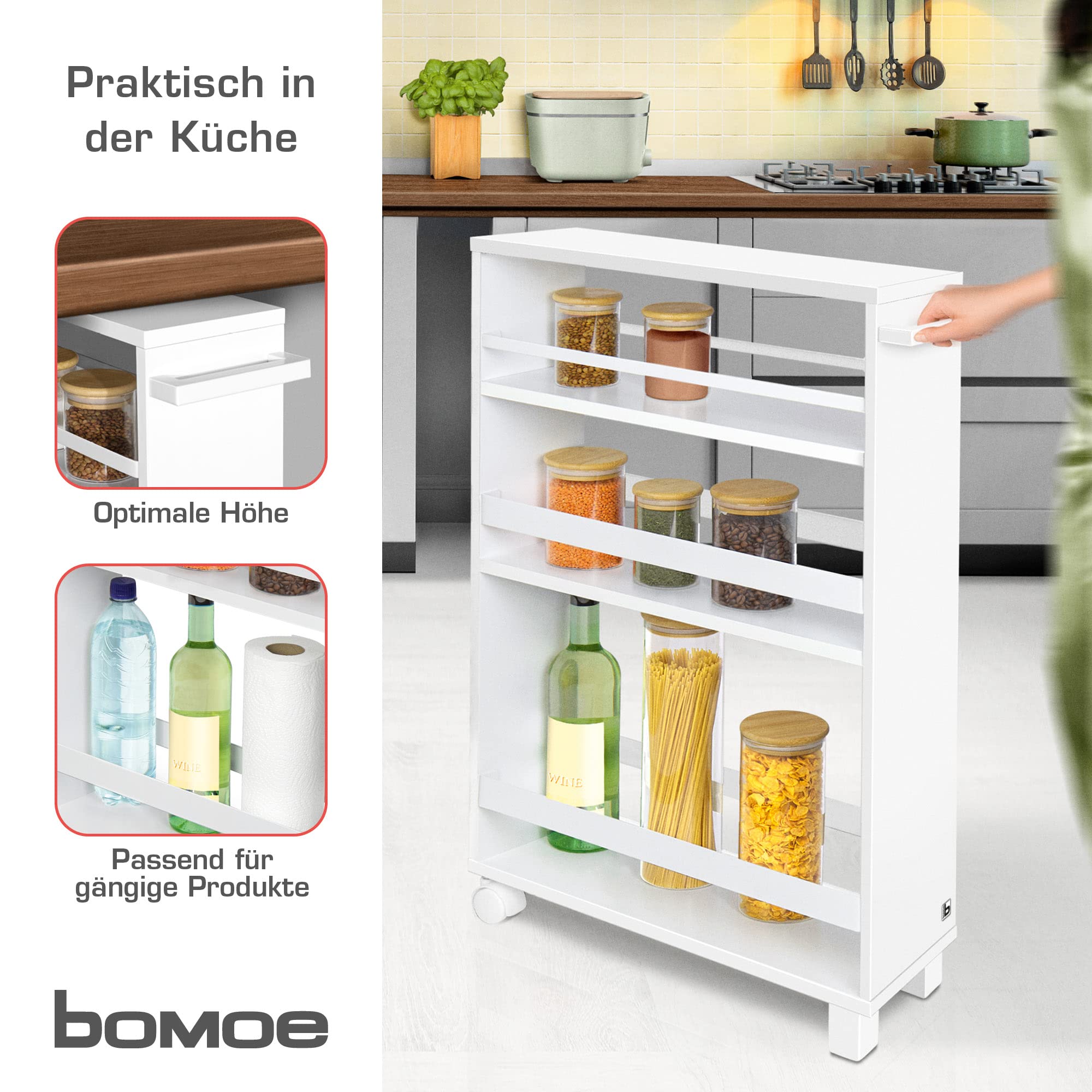 bomoe Nischenregal 15cm breit – Küchenwagen Küchenregal Schmal – Rollwagen Schmal 3 Fächer & Arbeitsplatte – Nischenschrank Küche Bad Büro – Bathroom Cart Nischenwagen Weiß 79x50 cm – Hylla