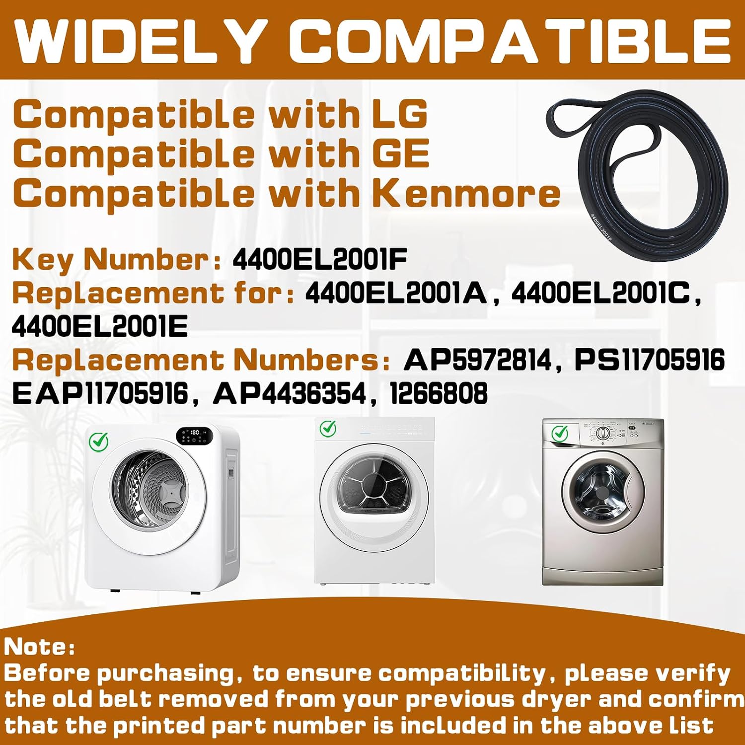 2-Pack 4400EL2001F Dryer Drum Belt Replacement,Compatible with LG,with GE,with Kenmore Dryer Belt,Replaces 4400EL2001A 4400EL2001C 4400EL2001E AP5972814 PS11705916 EAP11705916,Durable and long-lasting