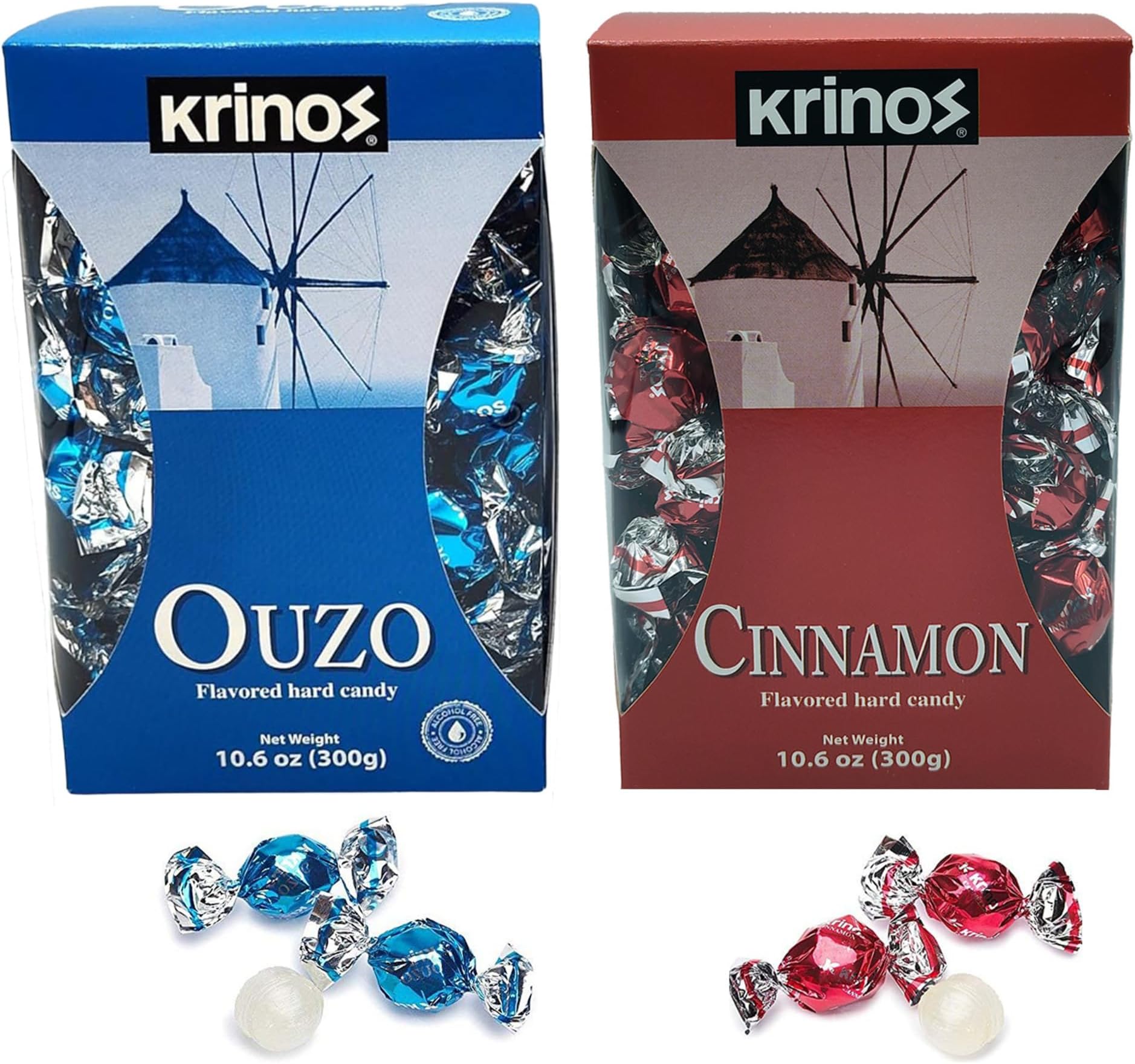 Krinos Ouzo Candy - Greek Favorite – Cinnamon and Licorice Flavored Treats - Delicious Hard Candy - All Natural Flavors - No Alcohol and No Gluten - Perfect for Parties, Party Favors, or Gifts (2pk)