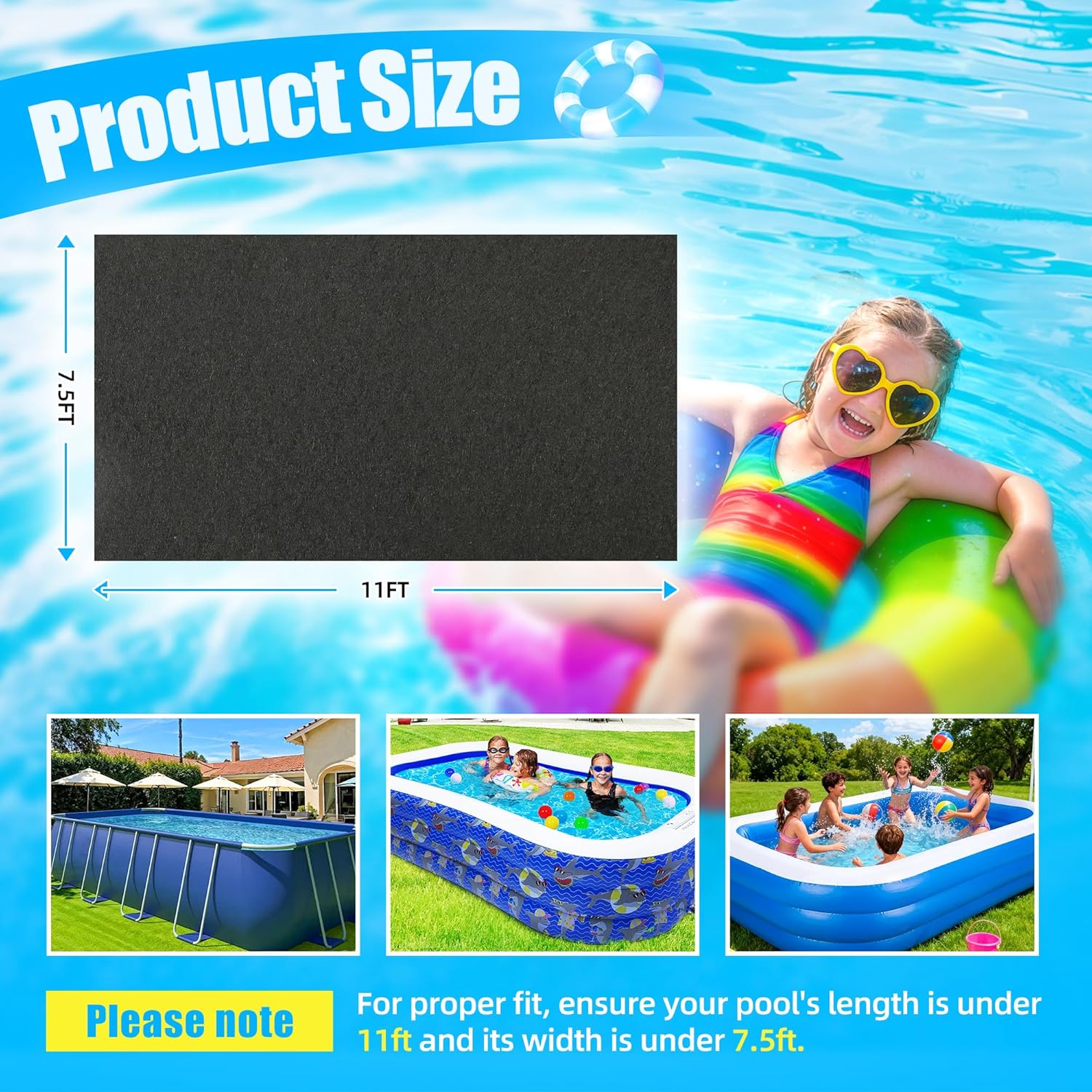 11x7.5ft Rectangular Pool Liner Pad, 280g/㎡ Extra Thick Heavy Duty Above Ground Swimming Pool Ground Mat Protector, Prevent Punctures and Extend Liner Life