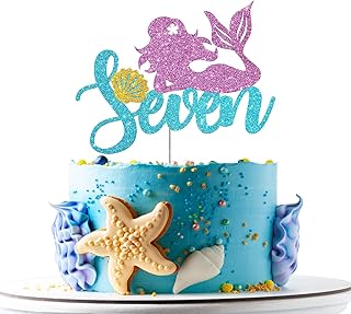 Decoración de tarta de Sirena Siete para 7 cumpleaños, con texto en inglés "I'm Seven Sign", "Little Mermaid Birthday Part...