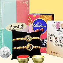Frostick Premium Silver Rakhi for Brother with Cadbury Celebrations, Roli Chawal, Greeting Card & Gift Box | Set of 2 Rakhis | Raksha Bandhan Combo 350g
