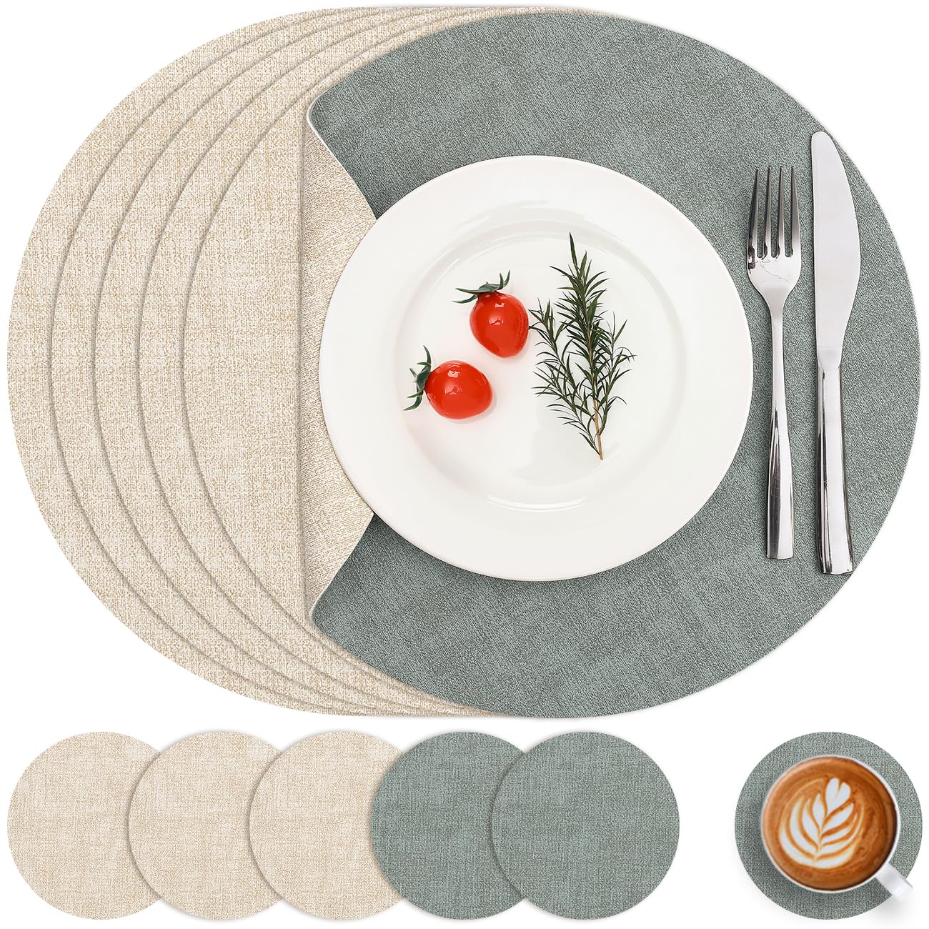 Myir JUN Round Placemats and Coasters Set of 6 Dual Sided Leather Place Mat