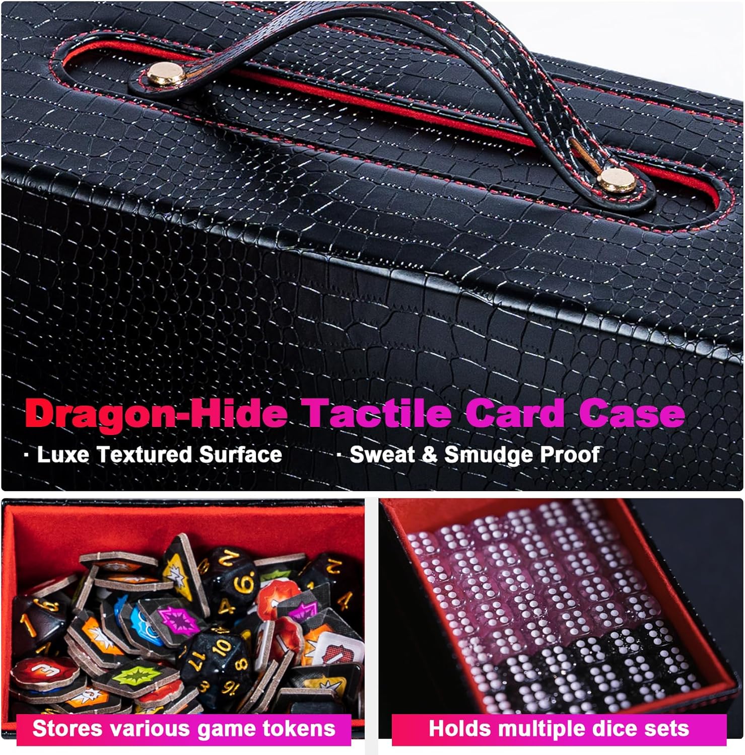 Commander Deck Box for MTG, 6-Deck Modular Card Case with Dice Tray, Holds 600+ Double-Sleeved Cards and 35PT Magnetic Card Holders for Trading Cards & TCG Collections Black/Red
