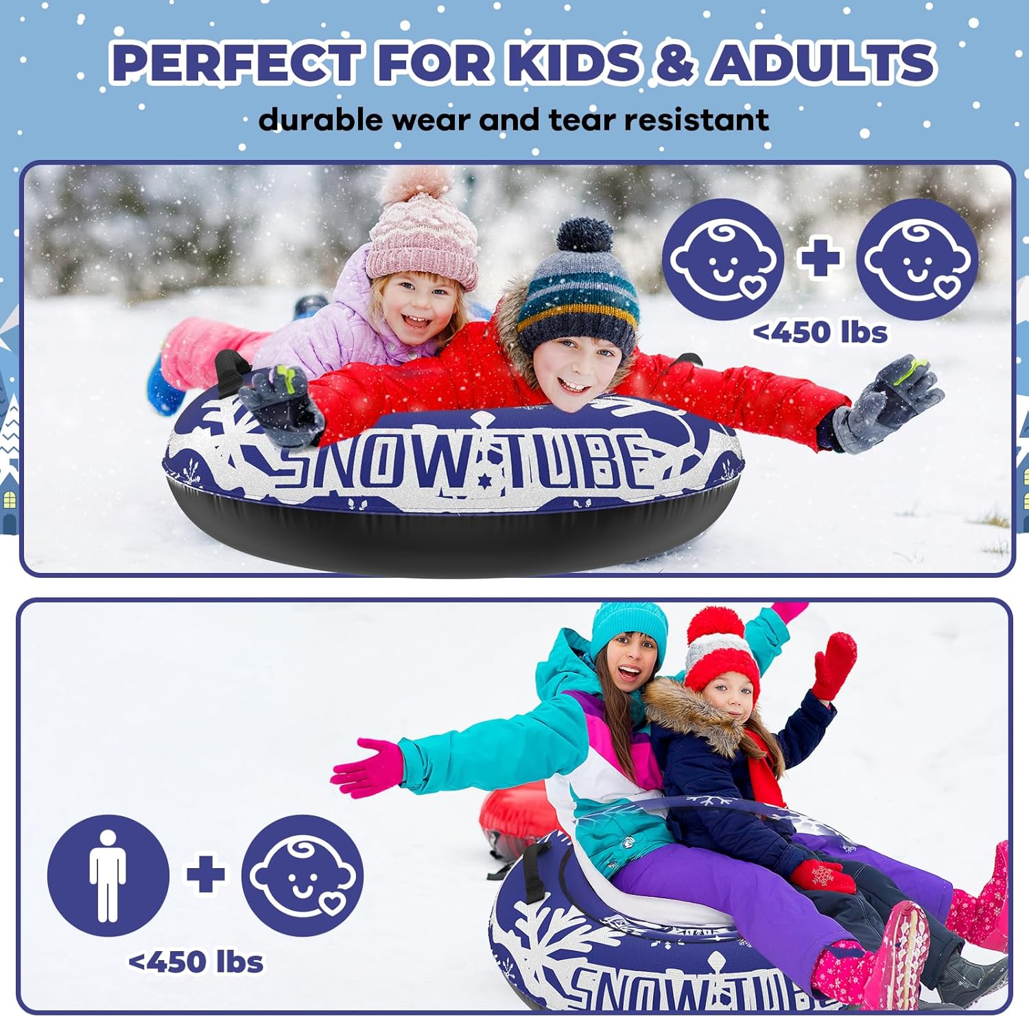 Inflatable Snow Tube Sled with Premium Canvas Cover Heavy Duty for Kids Adults,Towable Snow Sled Thickened Bottom Winter Gift Outdoor Fun Toys for Boys Girls