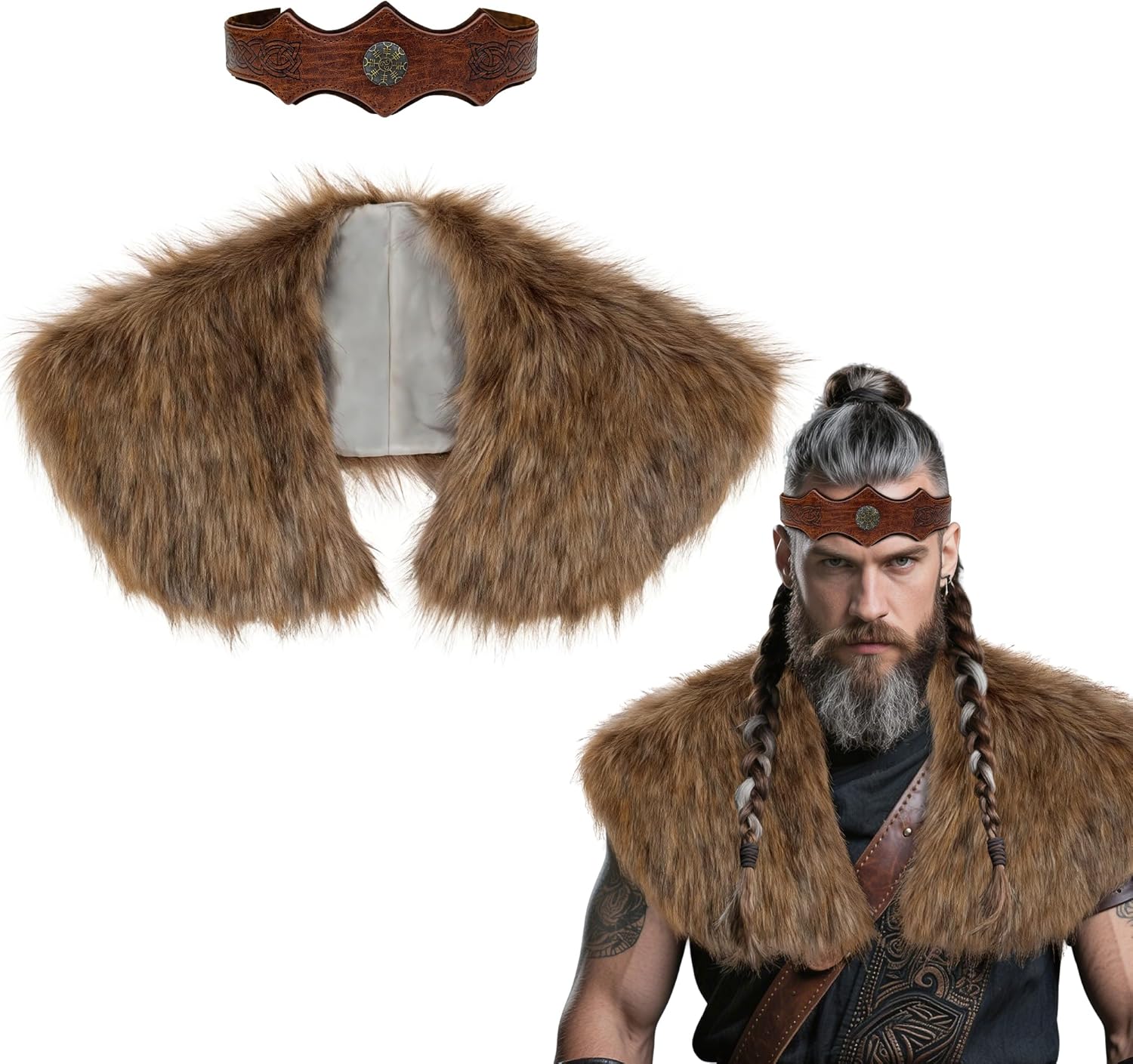 Viking Faux Fur Shawl, Renaissance Costume Accessories Men Medieval Fur Cloak Cape Shoulder Wrap Collar with Leather Headband Barbarian Costume for Halloween Cosplay