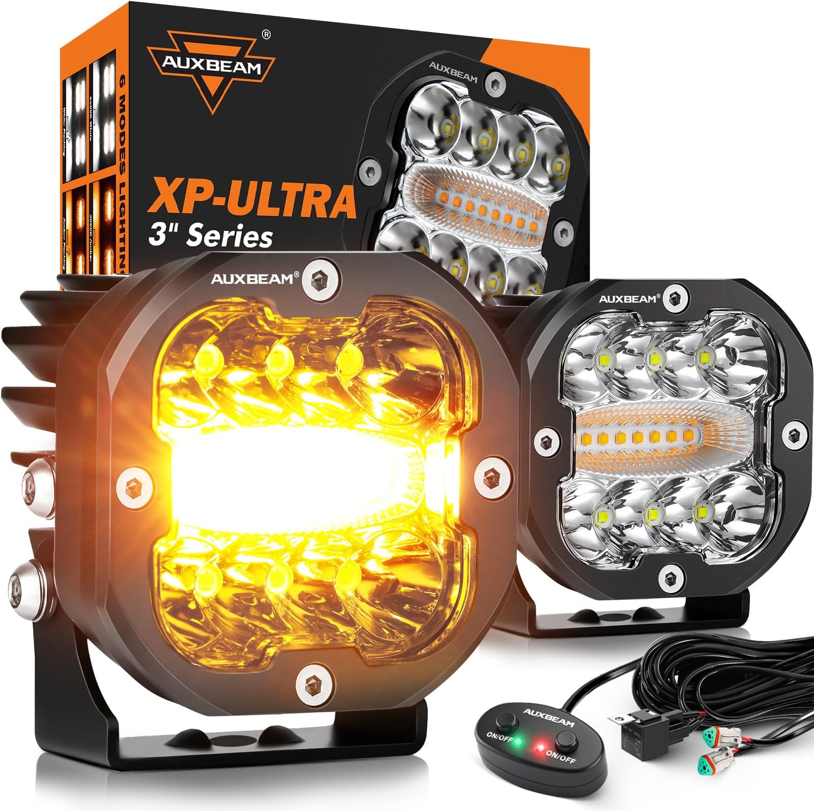 LED Pods Cube Light Bar 2PCS 3" 96W Amber White 6 Modes Strobe Lights Driving Off Road Ditch Lights Amber Fog Lights Spot Flood Combo for Ford f150 Polaris RZR Jeep Wrangler