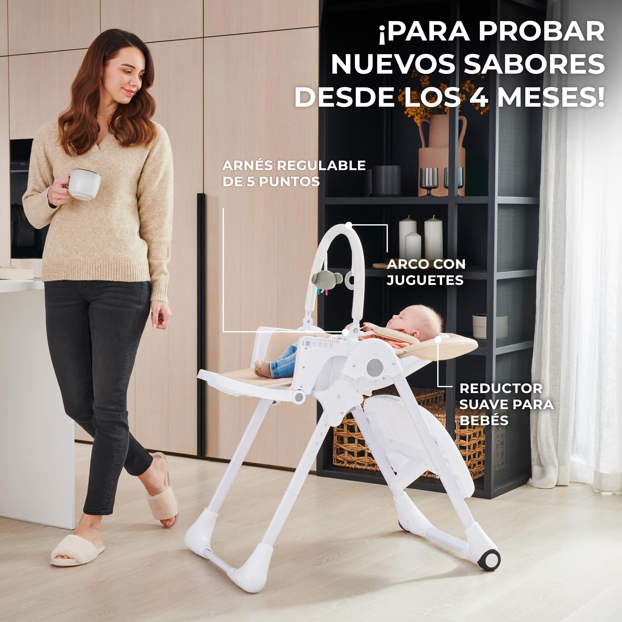 Kinderkraft TUMMIE Trona Bebé, 2 en 1, trona para niños, trona combinada, Asiento desde los primeros meses de vida, reposapiés, Posición tumbada, con juguetes, ajustable, Gris