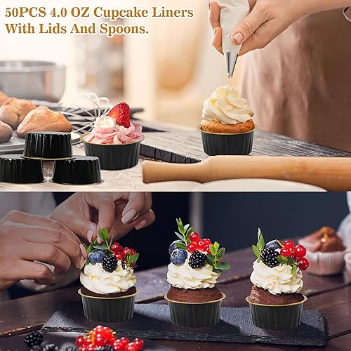 Miniatura 7 de BAKINGPAK Moldes de aluminio con tapas, 50 moldes para pasteles de 4 onzas con tapas, desechables para hornear, moldes de aluminio para cupcakes con