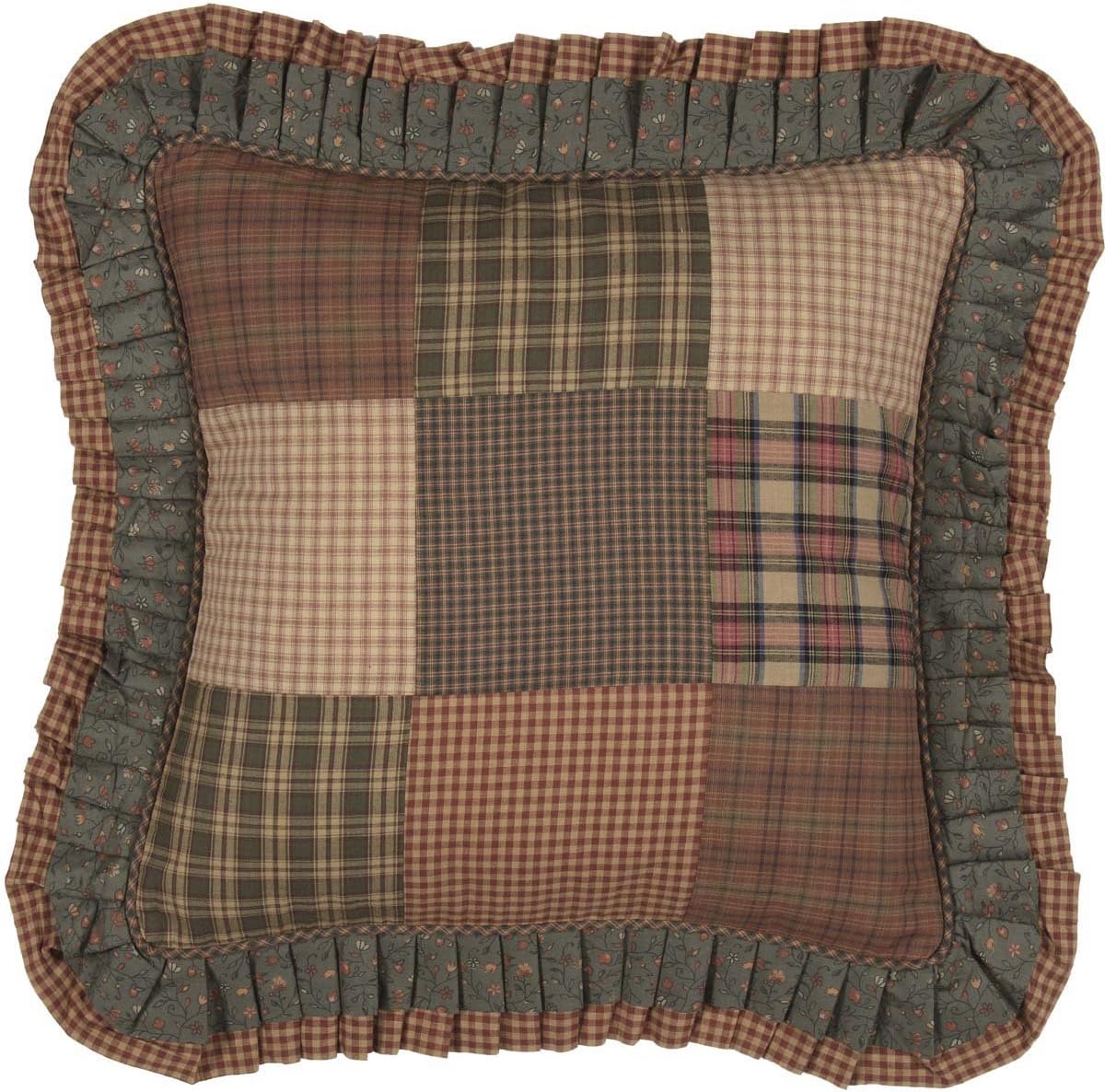 VHC Brands Cinnamon Plaid Cotton Patchwork Throw Pillow 18x18 Dark Olive Green - Farmhouse Cottage Decor