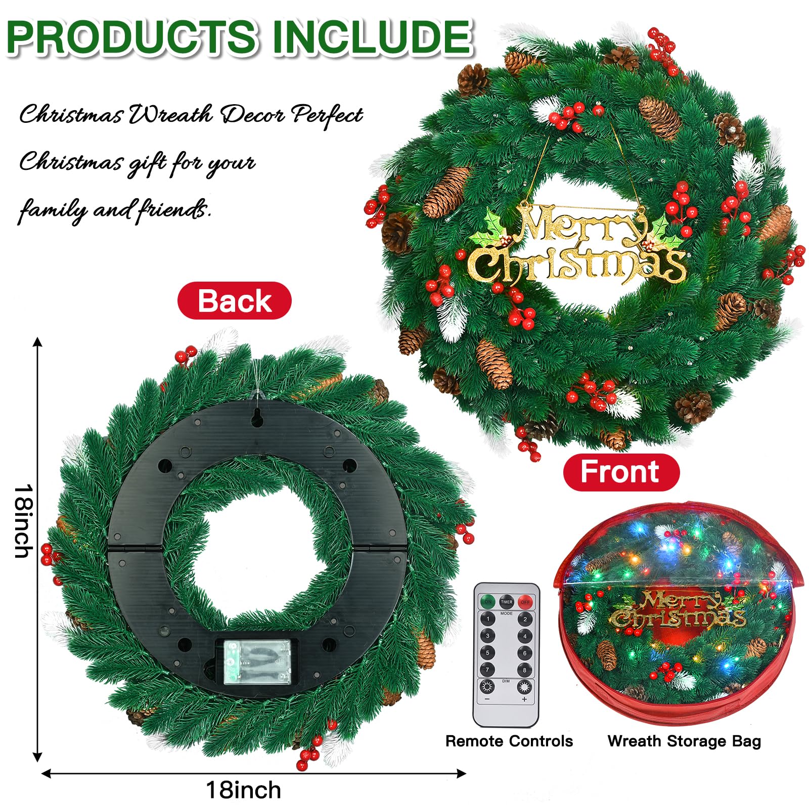 18 Inch Pre-Lit Artificial Christmas Wreath with Lights, Lighted Christmas Wreath for Front Door with 45 LED Lights Battery Operated 8 Modes Remote Control with Timer, Xmas Decorations Indoor Outdoor