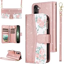 for Oneplus ACE 5 Racing Floral Wallet Case & Flip Zipper Purse Wrist/Shoulder Strap, PU Leather Card Holder Stand Phone Cover for One Plus 1 Plus 1plus One+ 1+ G5 5Racing ACE5 Women Rose Gold