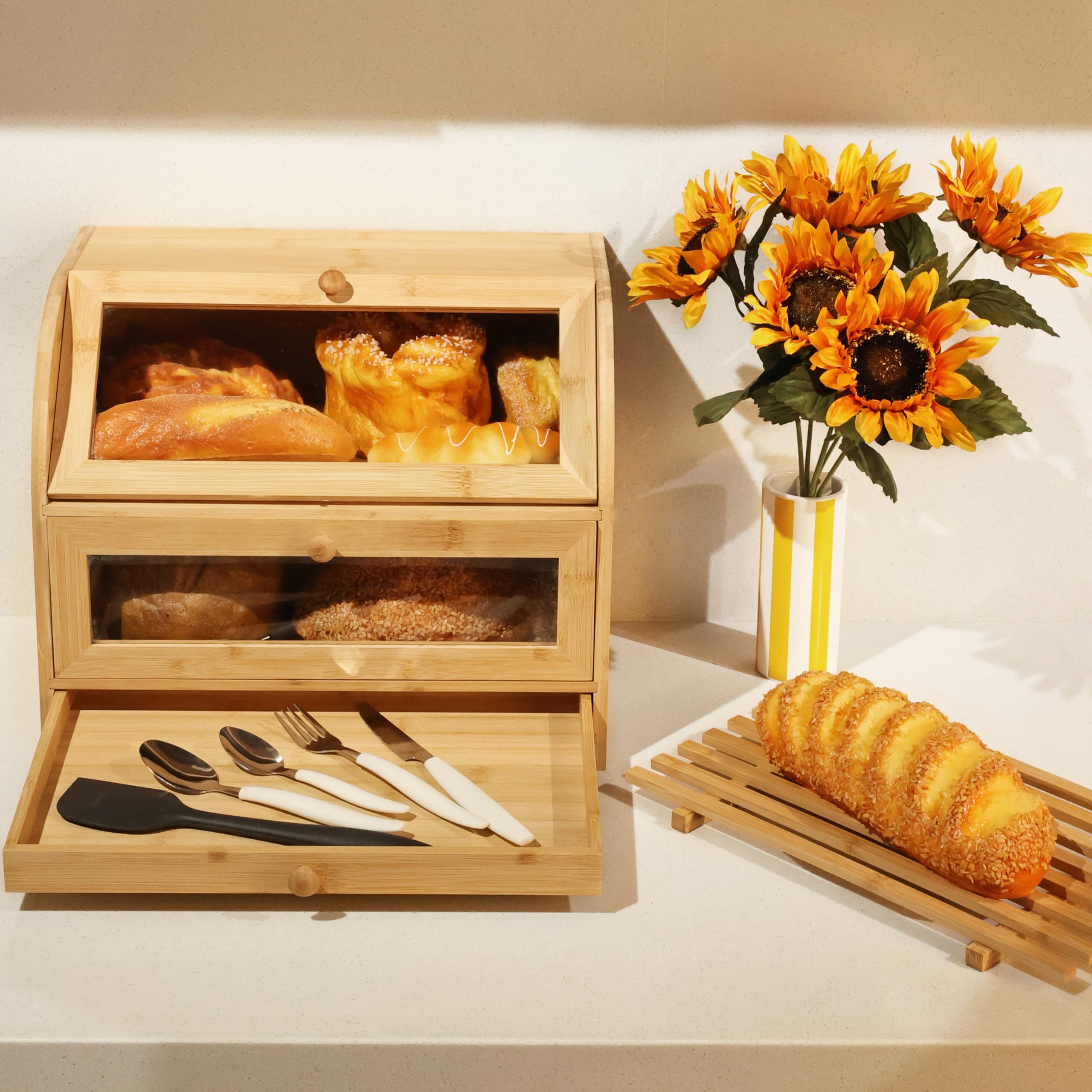 Ribelli Bambus Brotkasten mit 2 Etagen und Schublade, Großer Brotbehälter mit Brotschneidebrett, Holz Brotbox mit Deckel, Lebensmittelecht Brotaufbewahrung