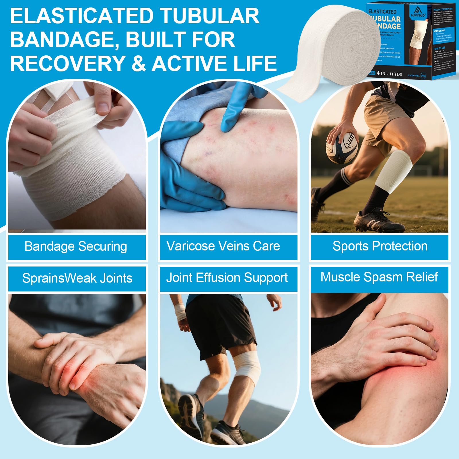 Benda tubolare senza lattice per gambe, ginocchia, braccia e cosce, traspirante e riutilizzabile, fascia elastica di supporto per supporto articolare/sollievo dal dolore (8,9 cm x 10 m)