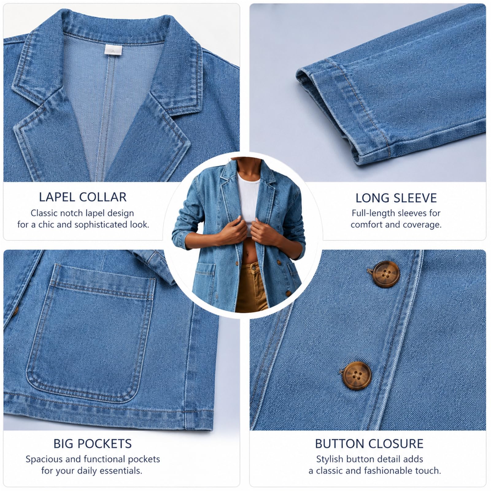 Veste Blazer en Jean Oversize pour Femme, Manches Longues, Coupe décontractée, col à Revers, Ouverte sur Le Devant, idéale pour Le Bureau ou Les Affaires, avec Poches.