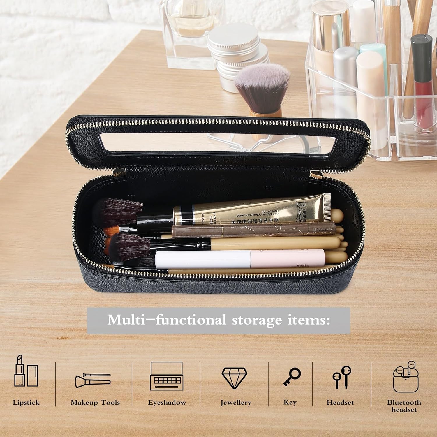 Pinkmik Makeup Brush Case Clear Travel Cosmetic & Toiletry Bag Small Makeup Bag with Zipper Purse Organizer Car Essential Bag for Women (Black, SLIM) - Image 4