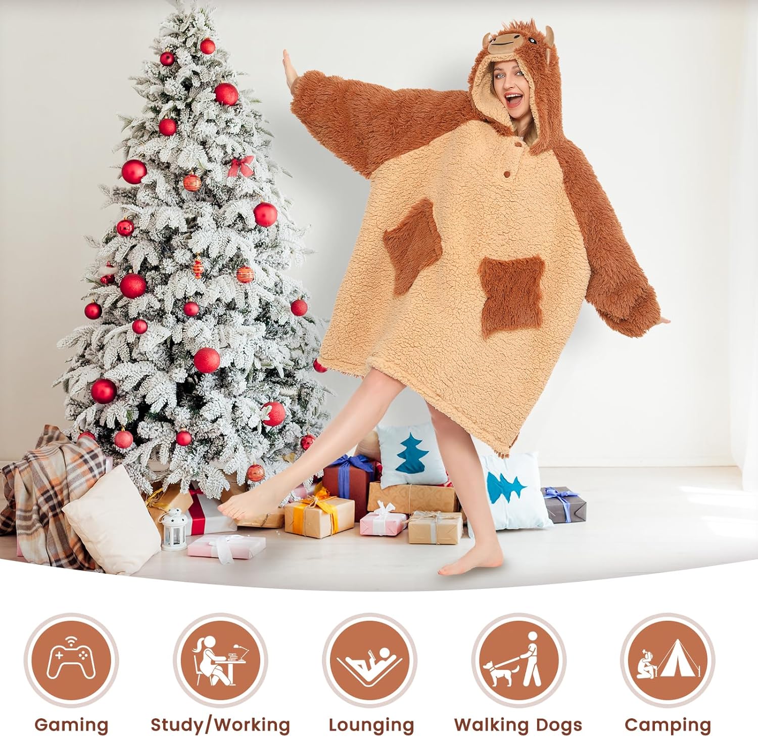 Highland Cow Wearable Blanket Hoodie for Women & Kids, Oversized Sweatshirt With Pockets & Sleeves, Premium Soft Cozy Thick Sherpa & Faux Fur for Ultra Warmth, Highland Cow Gifts for Adults, Girls - Image 3