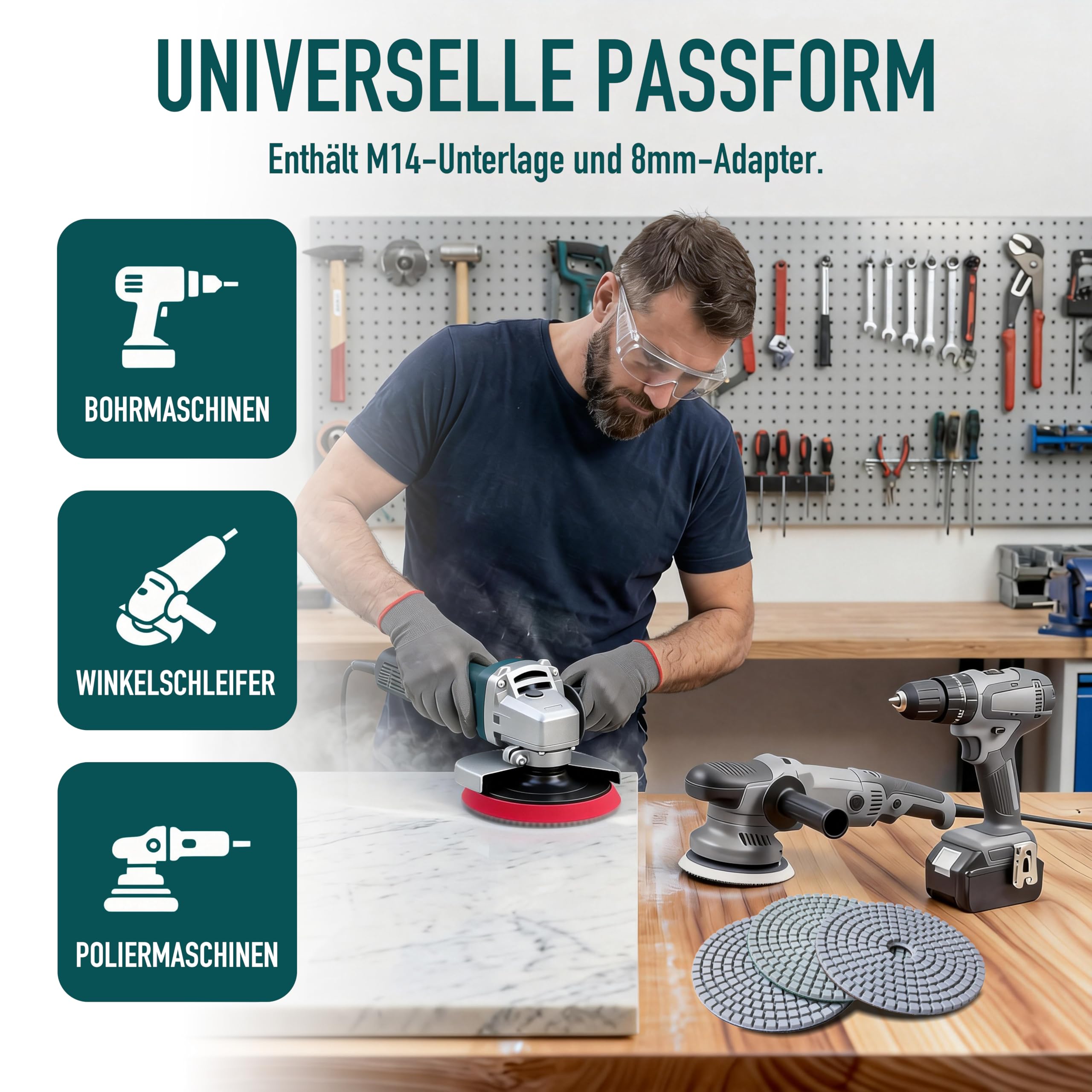 Nass/Trocken Diamant Schleifpad-Set 125mm, 9 Stück Gemischt Körnung 50-10000, Mit Klettverschluss für Granit, Beton, Marmor, Fliesen, für Winkelschleifer und Akkuschrauber