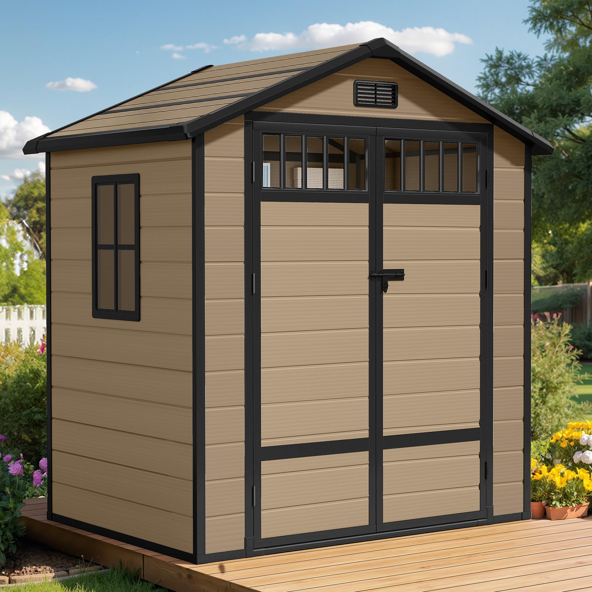YITAHOME Gerätehaus Kunststoff 182x134x210cm,Gartenhaus Doppeltuer,Braun | Gartenschuppen Fahrradgarage Gartenhütte Werkzeugschuppen Gartenmöbel Unterstand Rasenmäher Unterstellplatz|Abschliessbar