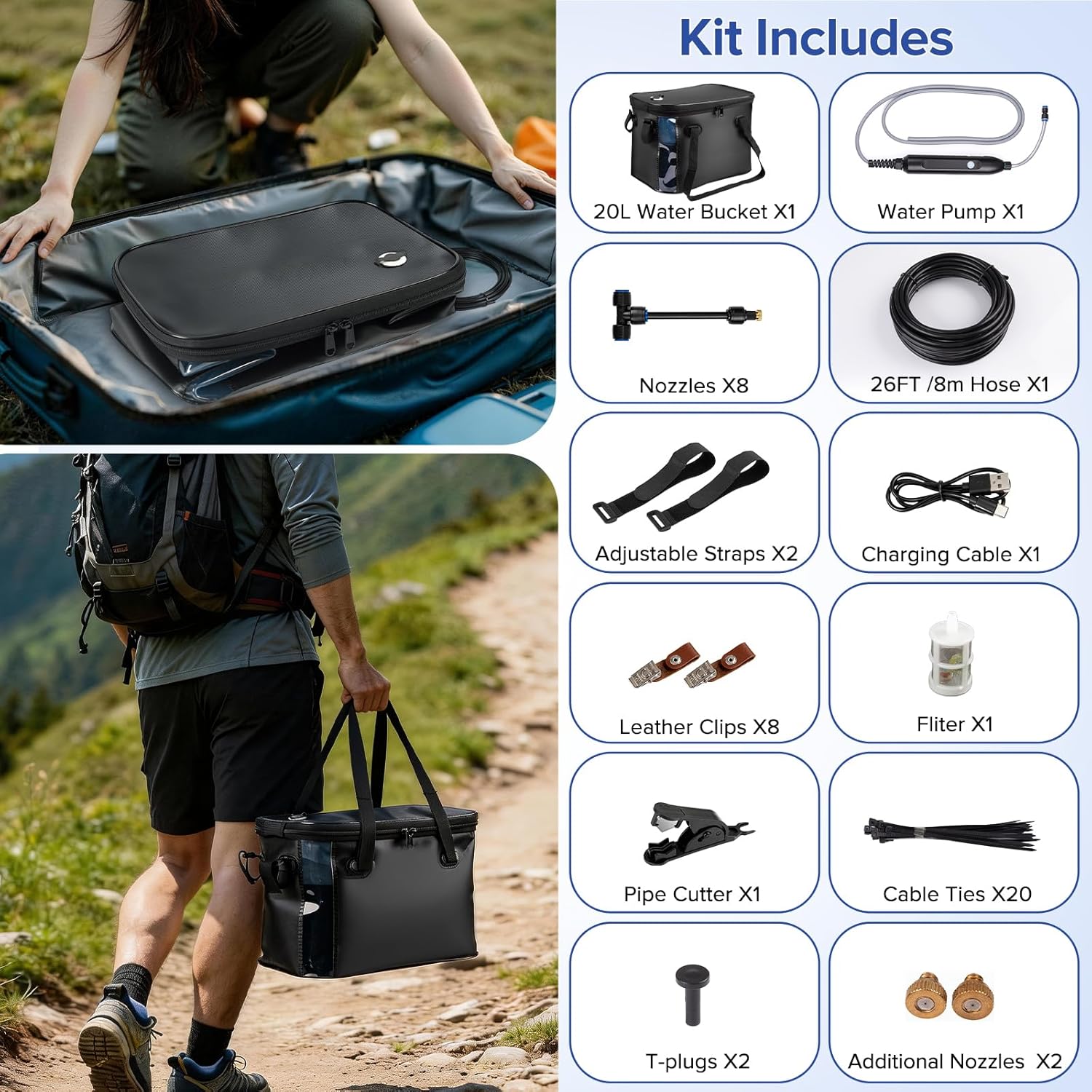 26 FT Portable Misters for Outside Patio - Outdoor Misters for Patio Cooling, Portable Misting System with 4500mAh Water Pump, 20L Bucket, 8 Nozzles, Water Misters for Patio/Umbrella/Camping/Canopy