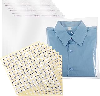 DIVINA VITAE 100 Pcs 12" x 15" Clear Plastic T-Shirt Bags with Clothing Size Stickers Self Sealing Cellophanes Bags Shirt Sleeves Packaging Bag for Small Business, Shirts, Clothes, Pants