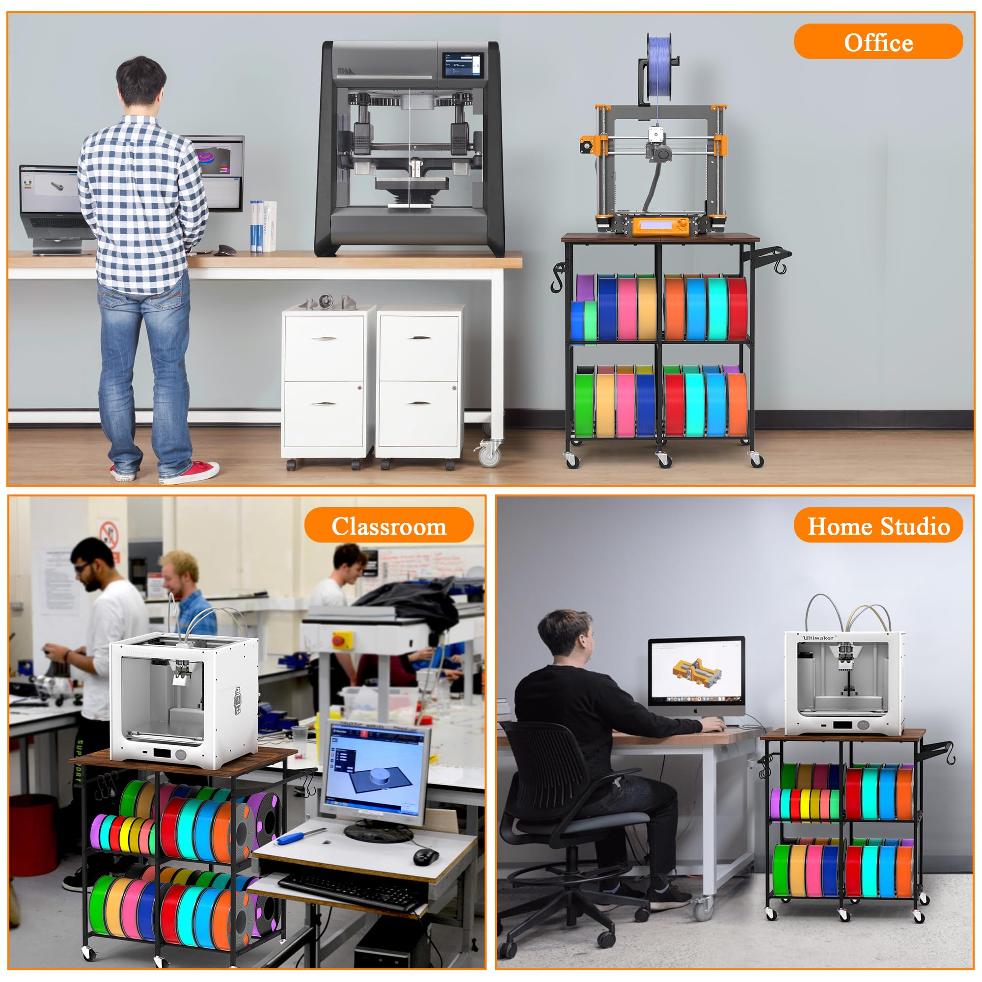 Supporto per stampante 3D con rack di stoccaggio per filamenti, carrello per stampante 3D su ruote, grande capacità 3D filamento rack di stoccaggio per PLA/ABS/TPU, officina studio ufficio