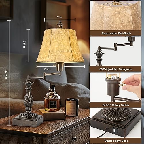 Miniatura 2 de Juego de 2 lámparas de mesa rústicas tradicionales de 350 con brazo oscilante ajustable de 350 con puertos USB A+C, pantalla de piel sintética con