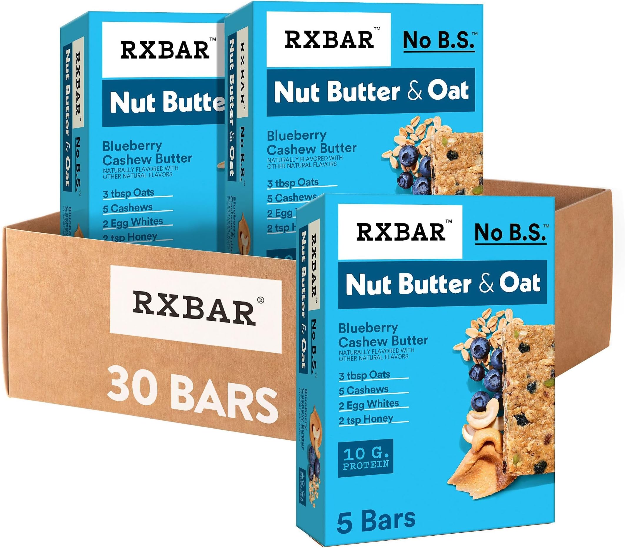 Nut Butter and Oat Protein Bars, Protein Snacks, Blueberry Cashew Butter (6 Boxes, 30 Bars)