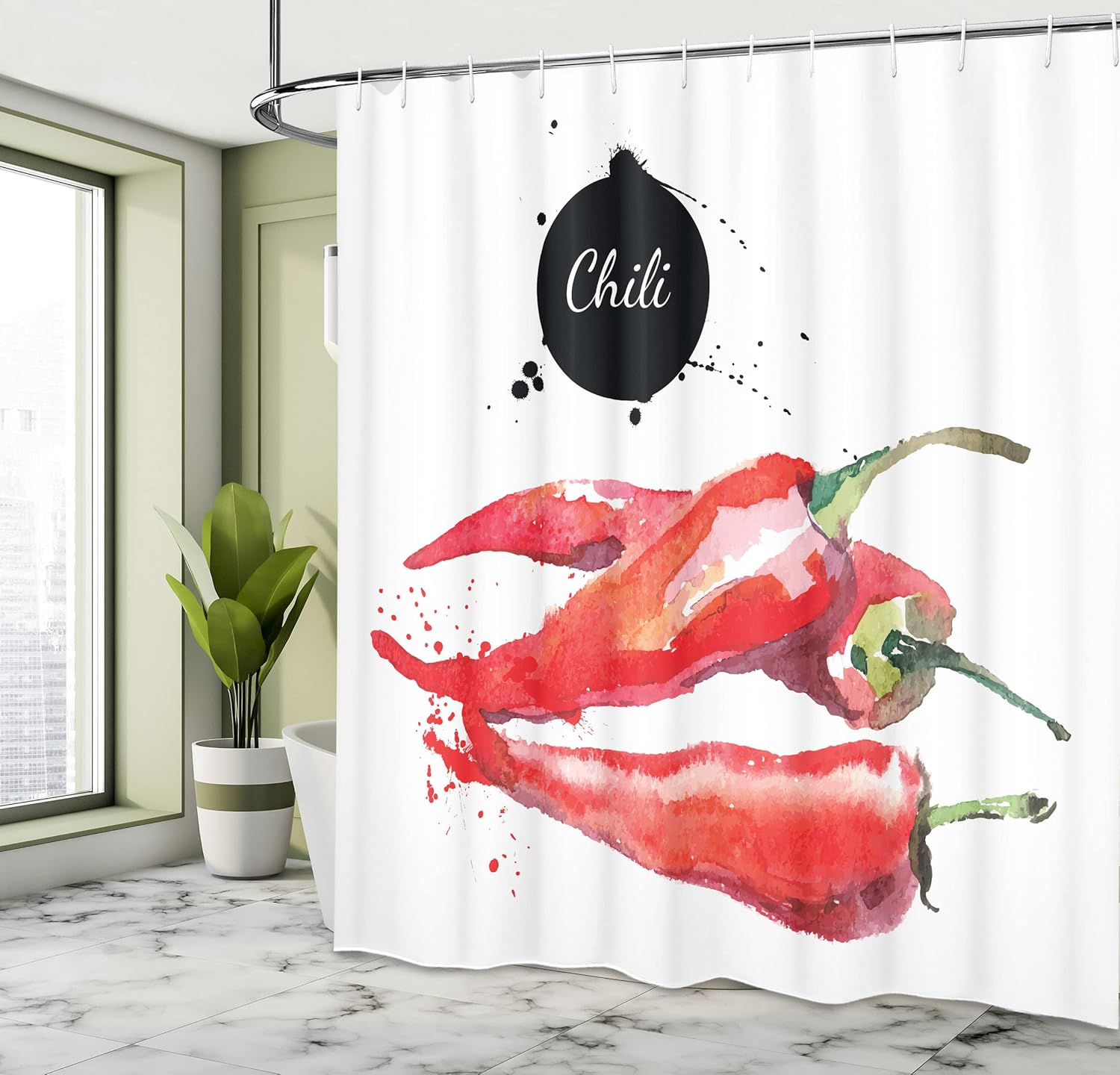 Ambesonne Food Shower Curtain, Hand Drawn Watercolor Illustration of Chili Pepper Spicy Ingredient, Cloth Fabric Bathroom Decor Set with Hooks, 69" W x 70" L, Fern Green Vermilion