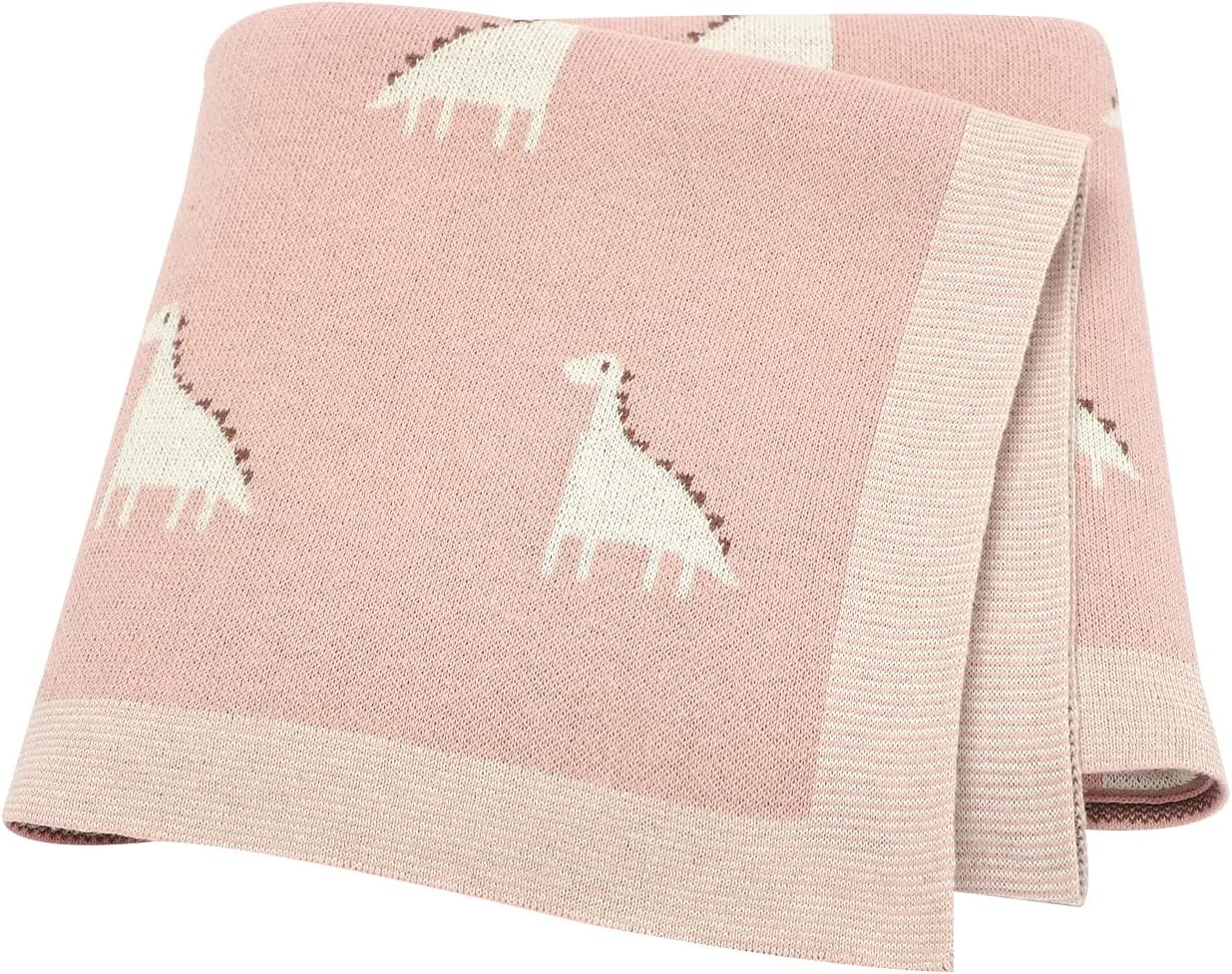 LAWKUL Baby Blanket 100% Cotton Knit Soft Breathable Blankets for Newborn Boy Girls, Dinosaur Pink, Pram/Mose Basket(90x70cm)