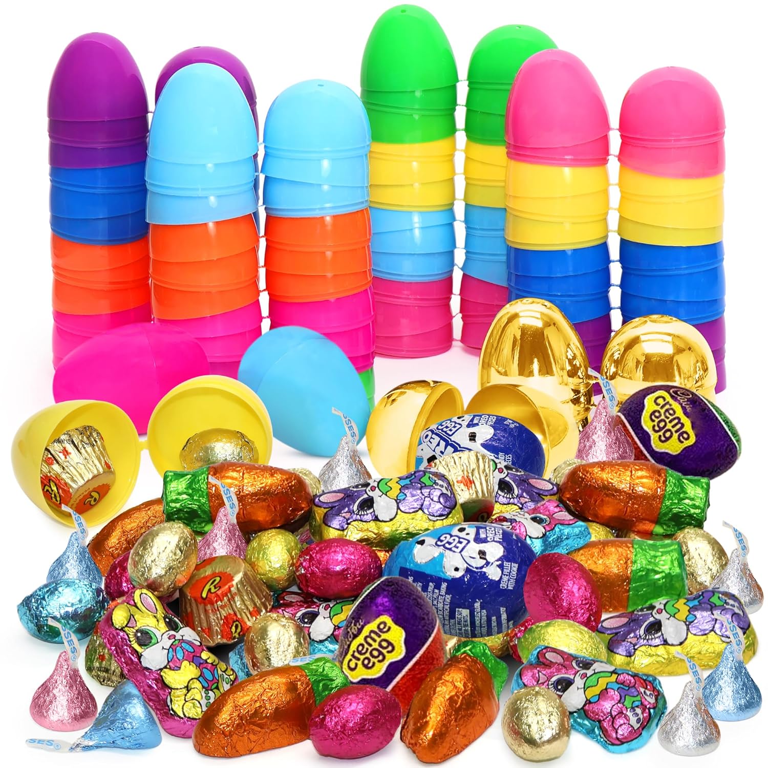 Easter Candy with Fillable Plastic Eggs Bundle - Pack Of 24 Plastic Eggs With Assorted Chocolate Candy for Filling - Holiday Party Treats & Easter Basket Stuffers