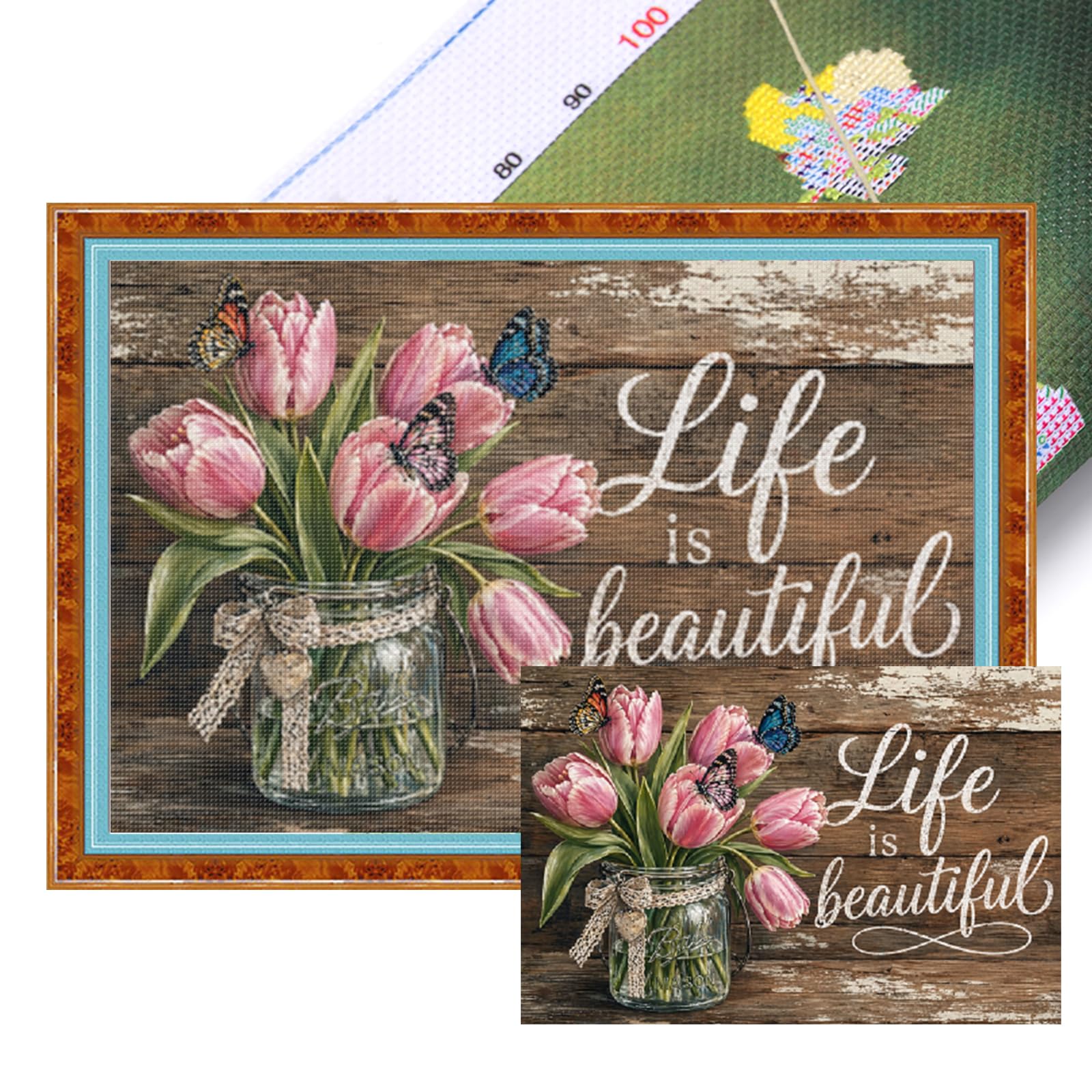 Poetrydraw 11Ctacc-13087__C__60x40 Tulip Vase Cross Stitch Kit 11Ct 3 Strands Diy Embroidery Starter Set 23.62X15.74in For Beginners & Home Decor