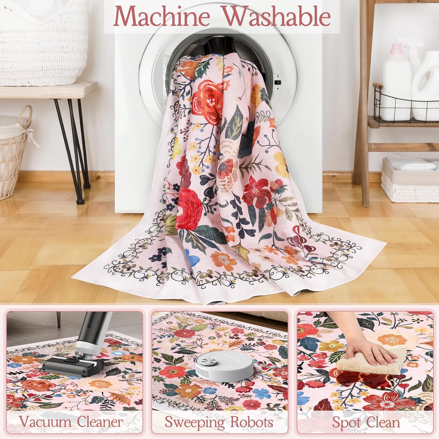 Prime+Deals+Sale Living Room Rug, 5x7 Rug Machine Boho Washable Area Rug, Non Slip Vintage Low Pile Floral Rugs for Living Room, Bedroom, Farmhouse, Dining Room, Kids Playroom