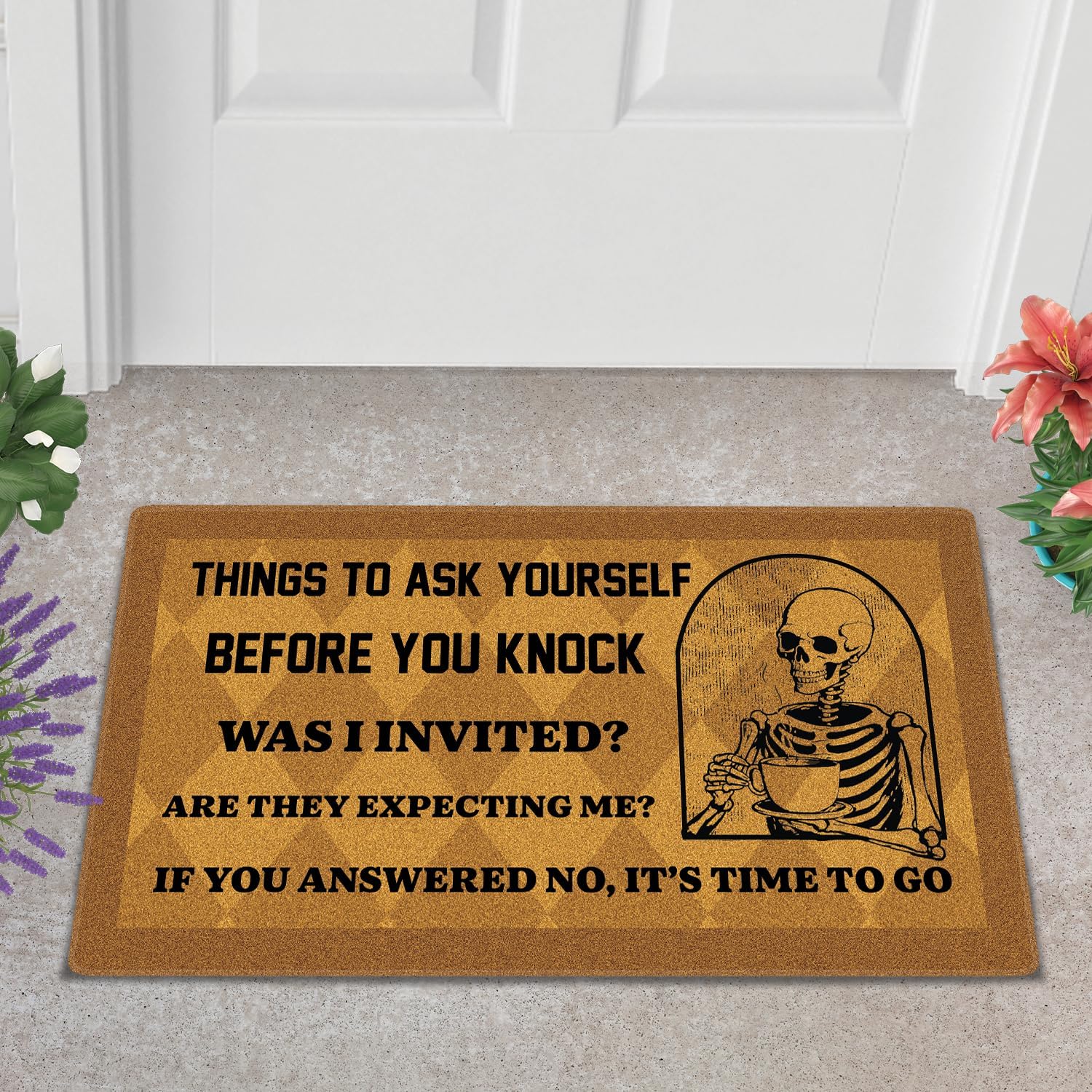 Generic Skeleton Drinking Coffee Funny Doormat, Skeleton Halloween Doormat, 15x25 Inches, Brown/Black, 375 Sq. Inches