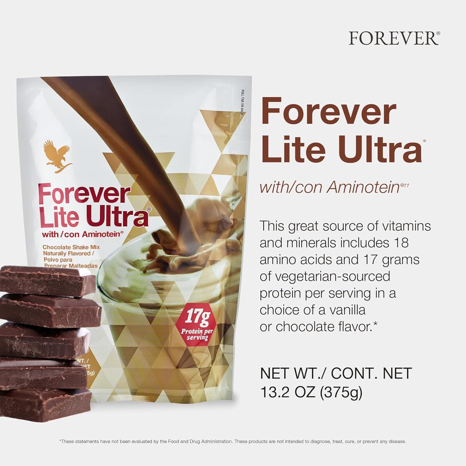Forever Living - Lite Ultra Chocolate Protein Shake Mix with Aminotein, Low Carb Drink for Lean Muscle Mass, 13.2 oz