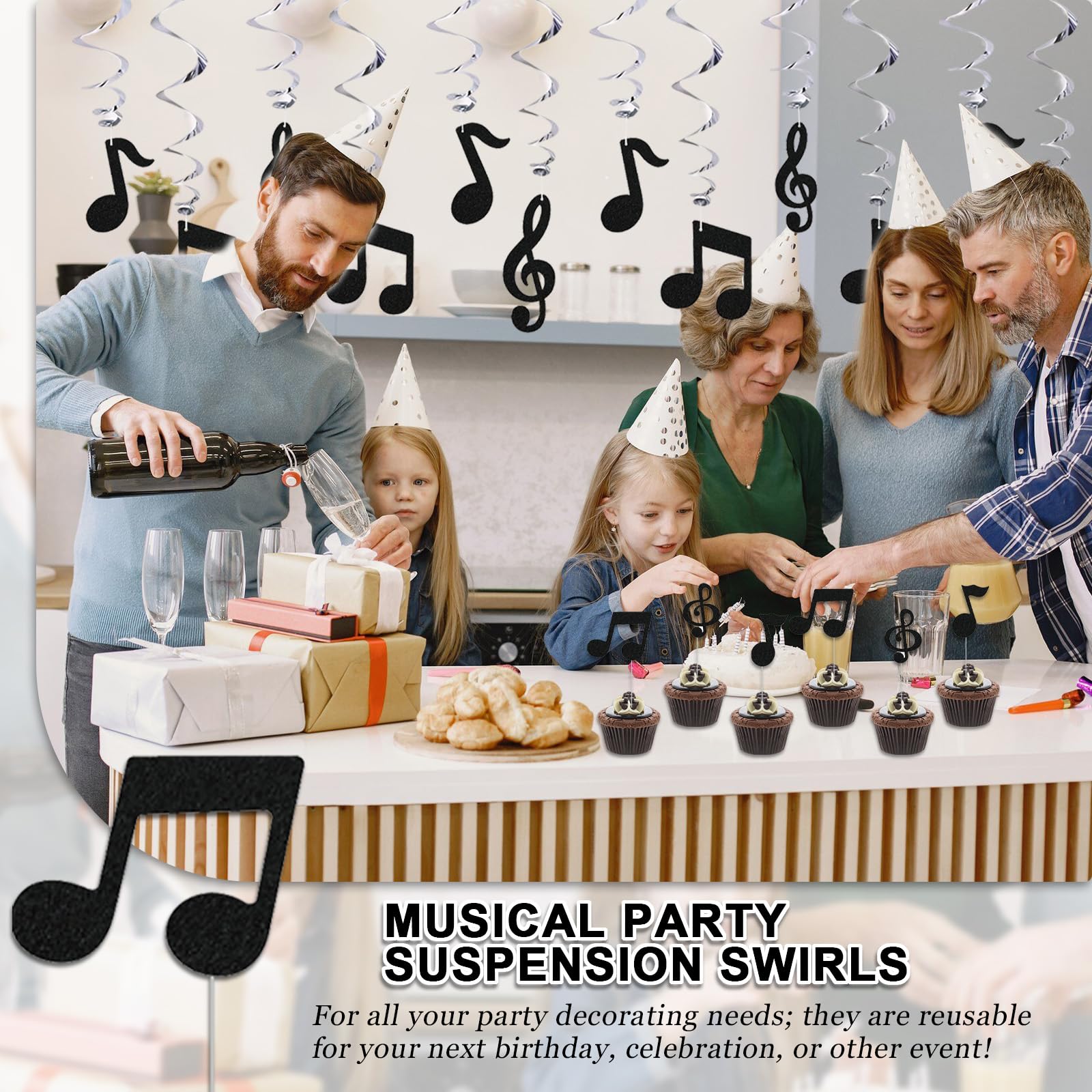 Decorazione Sospesa a Forma di Vortice di Note Musicali - Set di 12 Spirali Argento + 6 Bandierine per Torta, con Frammenti di Partiture Musicali, Lunghezza 90 cm
