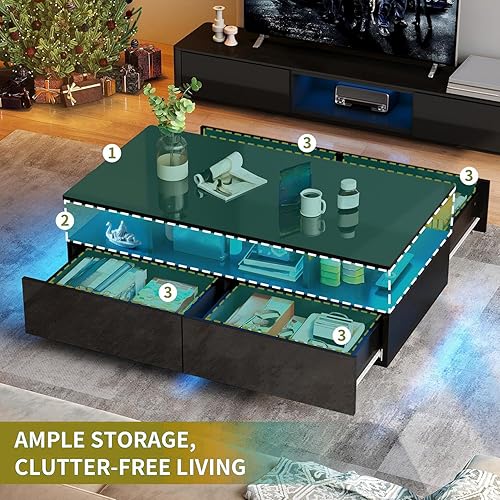 Miniatura 3 de DWVO Mesa de Centro LED con Almacenamiento de 4 Cajones, Mesas de Centro Modernas de Alto Brillo para Sala de Estar, Mesa de Centro Rectangular