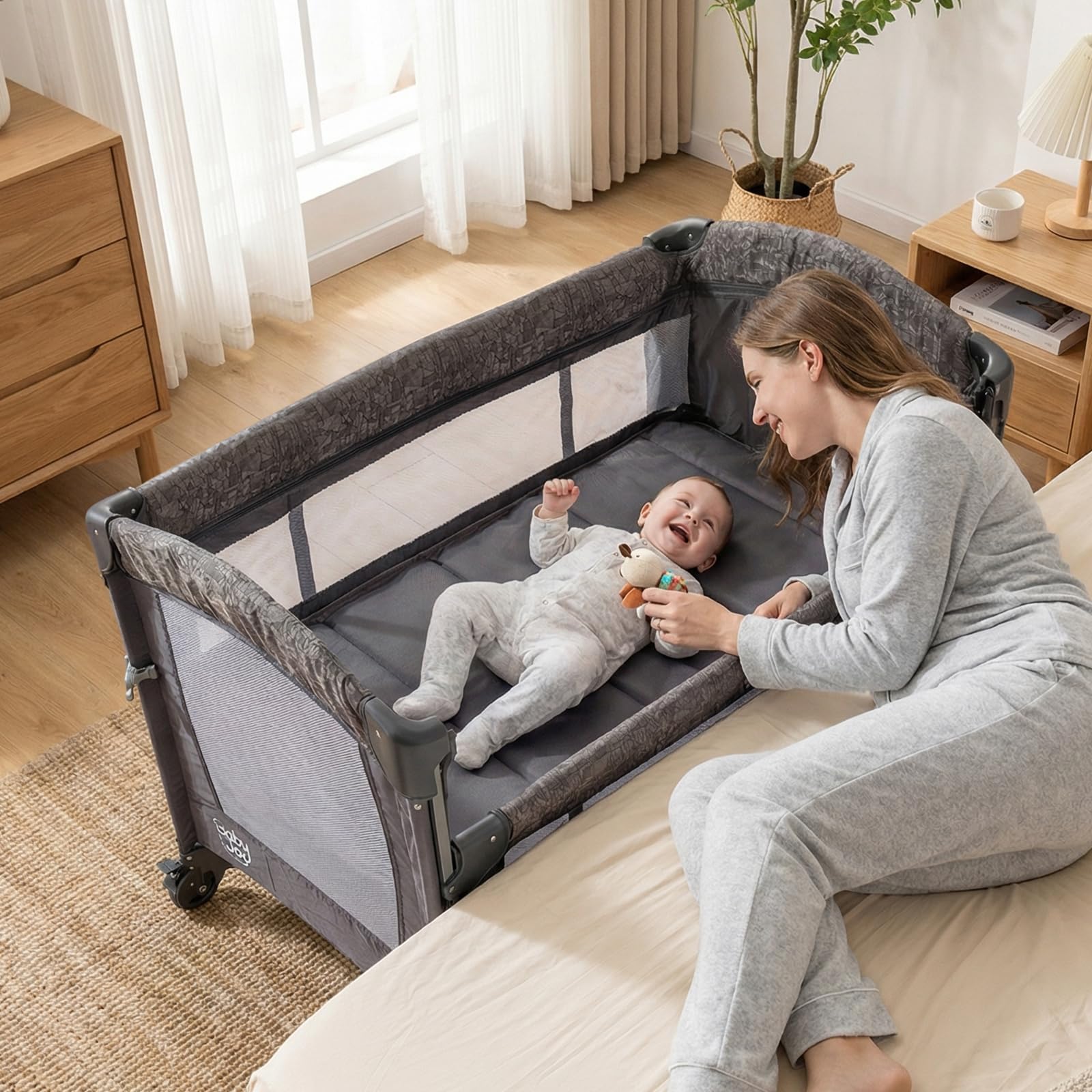 COSTWAY 4 in 1 Culla Co-sleeping Pieghevole per Neonato, 0-3 Anni | Lettino da Campeggio per Bambini con Ruote, Fasciatoio e Meterasso Rimovibile, Carillon e Giocattoli, Altezza Regolabile
