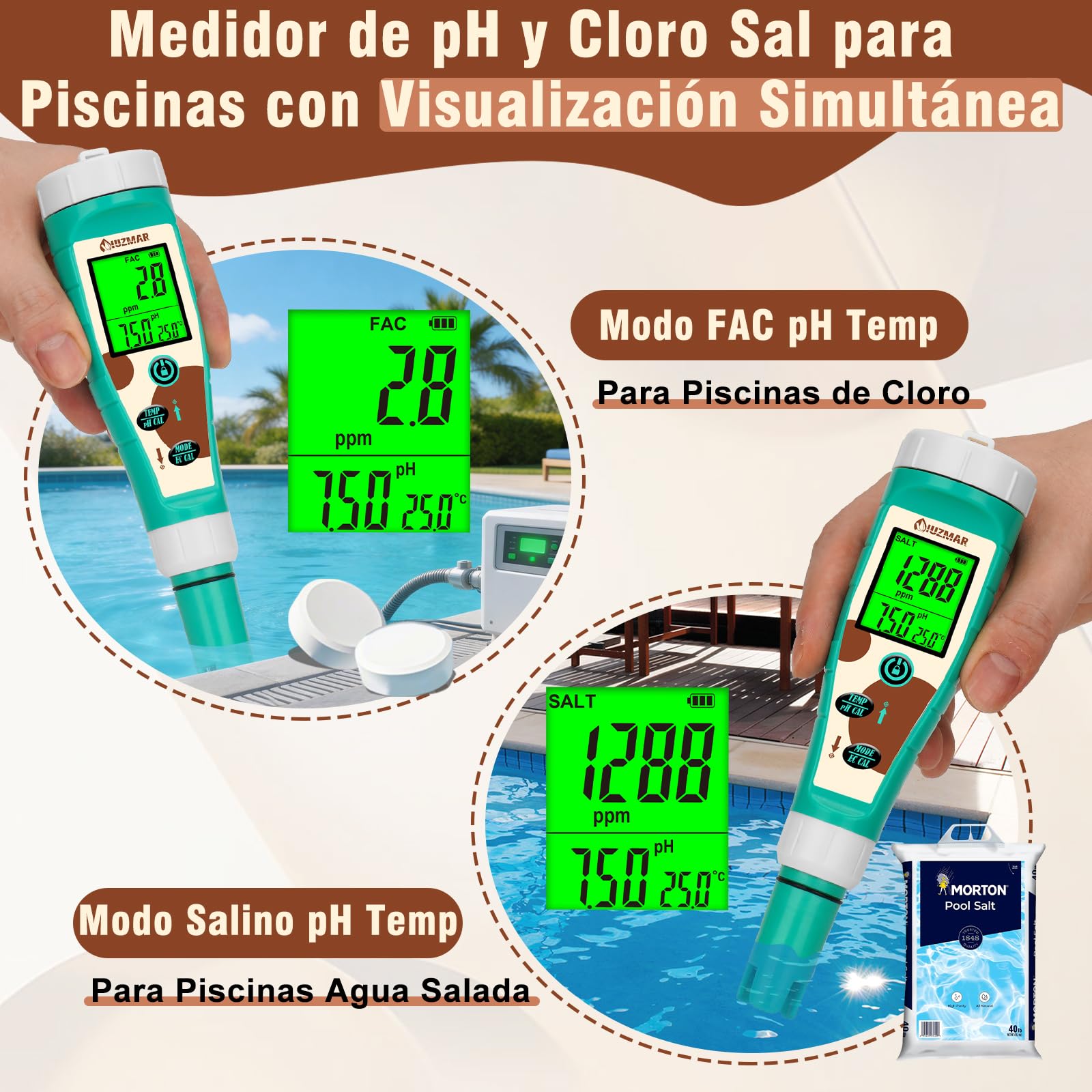 UIUZMAR Medidor de pH, Cloro y Sal para Piscina, Medidor de pH PPM ORP | Hidrógeno para Agua Potable, Muestra Simultáneamente, 8 en 1 pH, Sal, Cloro, H2, ORP, EC, TDS para Hidropónico, Spa, Acuario