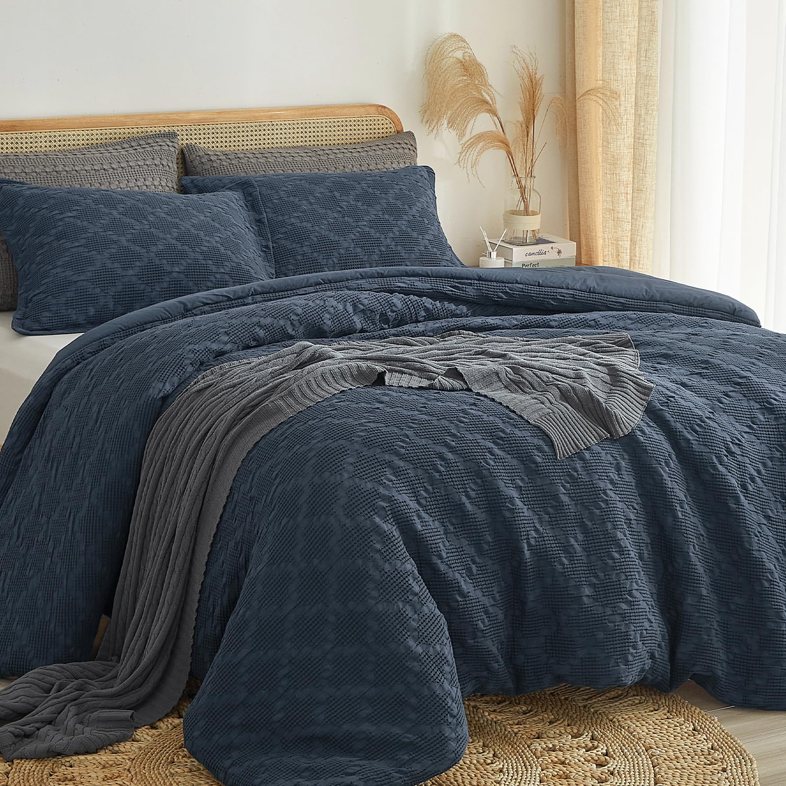 david's home 100% cotton waffle weave comforter set 3pcs k, indigo us