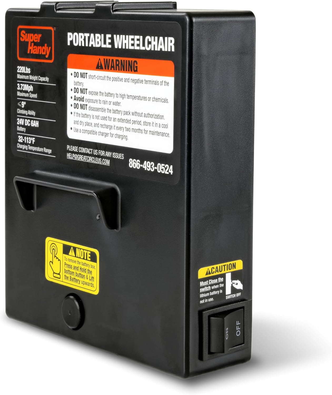 SuperHandy 24V 6Ah Lithium Wheelchair Replacement Battery with warning labels visible